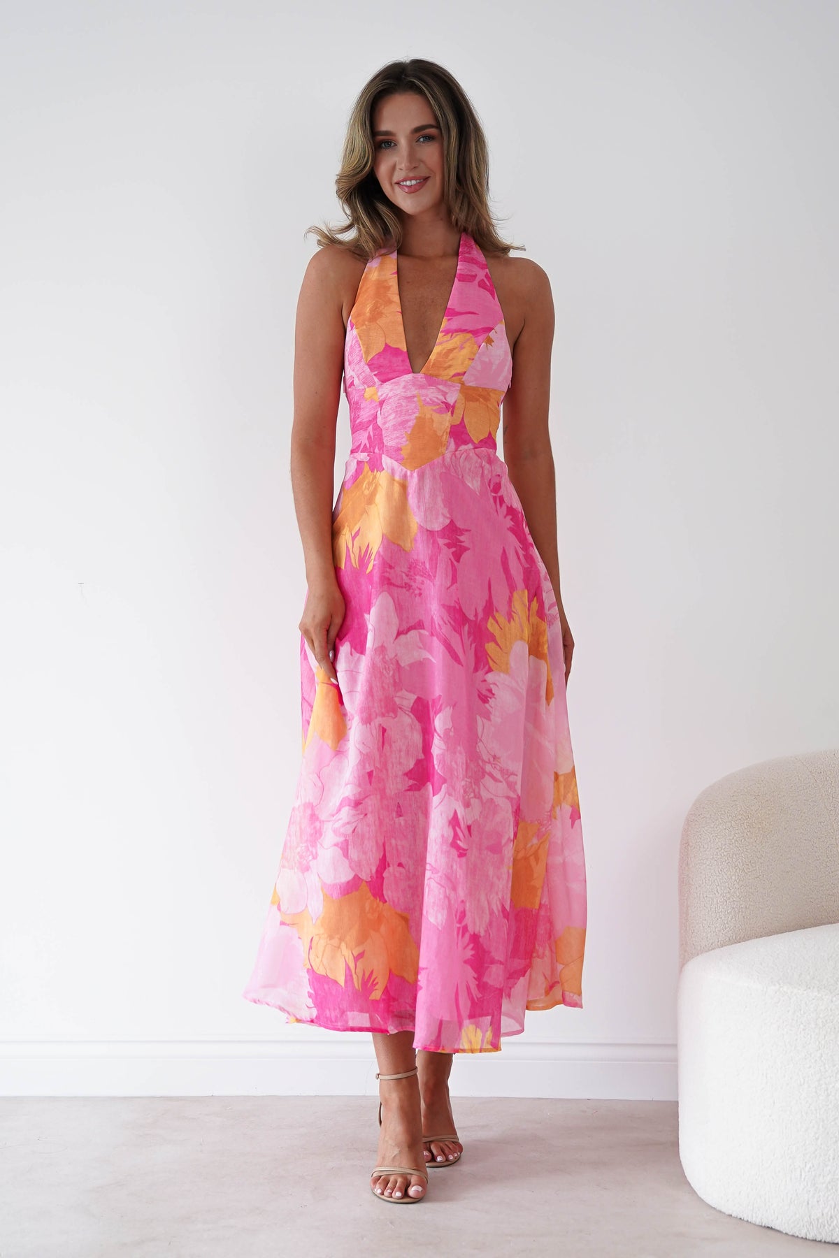 Sanya Floral Print Halterneck Maxi Dress | Pink-Oh Hello Clothing