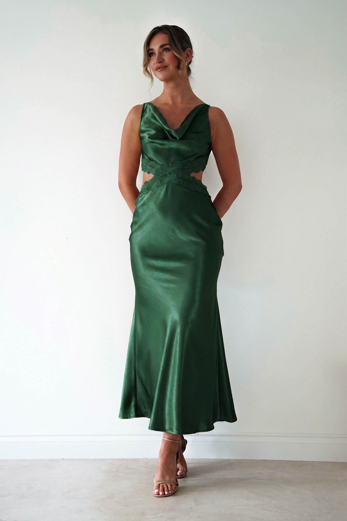 Saoirse Satin Lace Cut Out Maxi Dress | Dark Green-Oh Hello Clothing