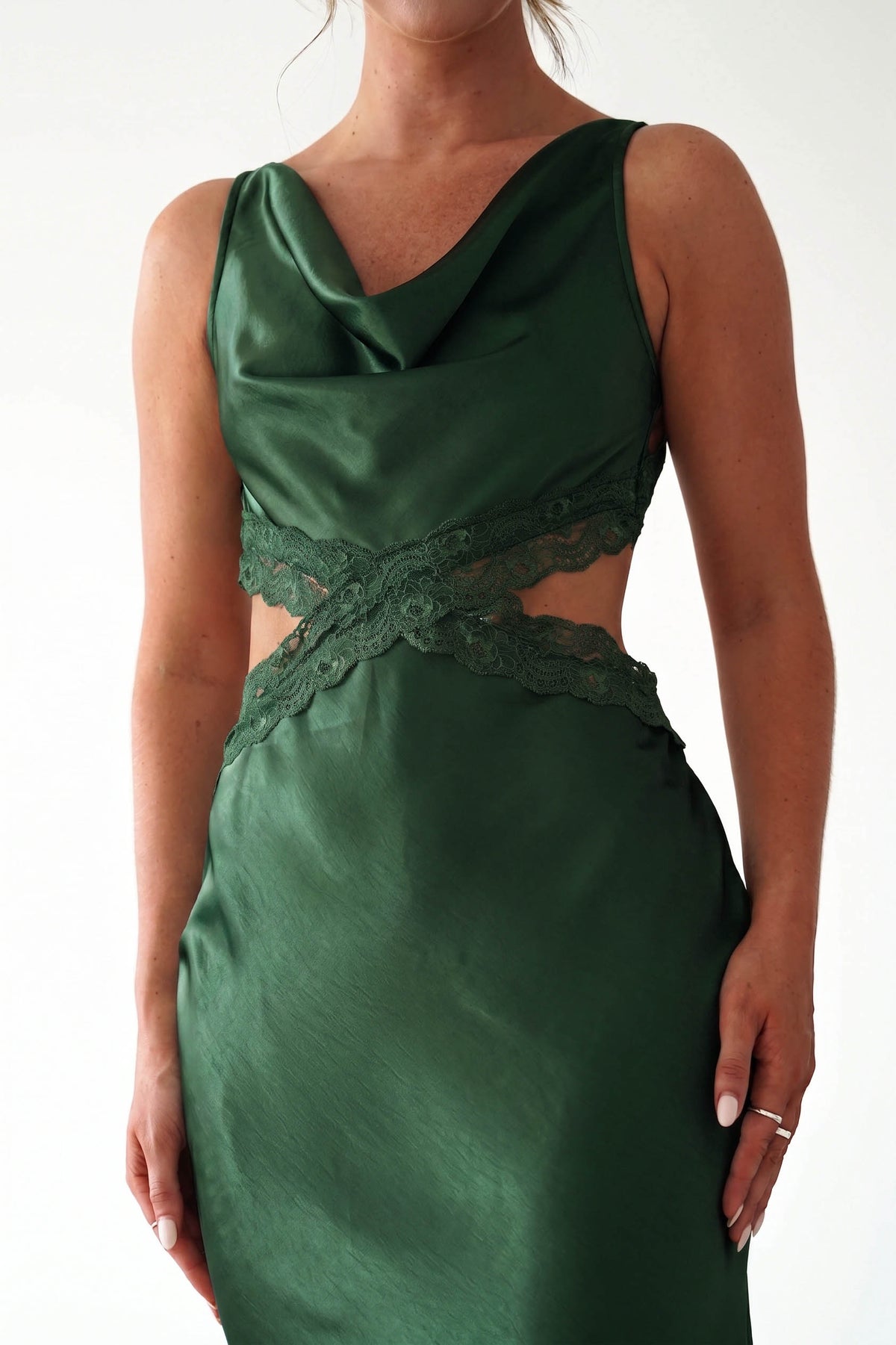Saoirse Satin Lace Cut Out Maxi Dress | Dark Green-Oh Hello Clothing