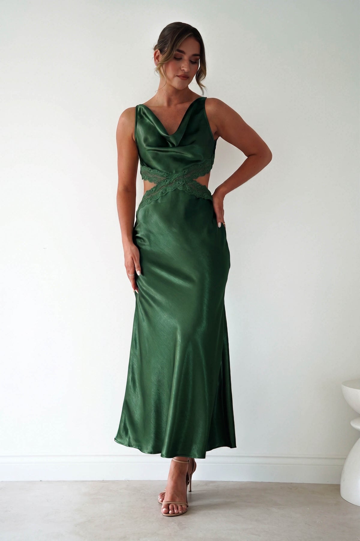 Saoirse Satin Lace Cut Out Maxi Dress | Dark Green-Oh Hello Clothing