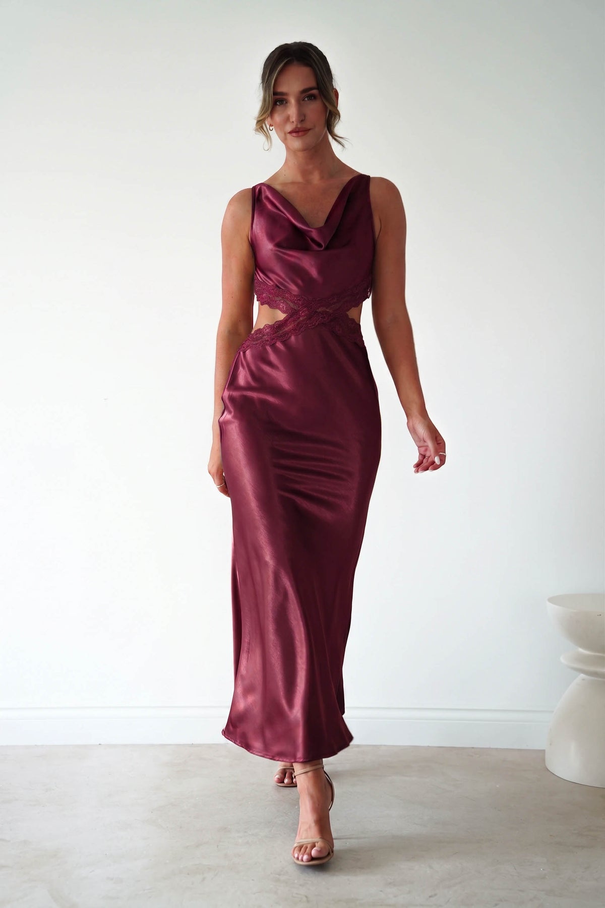 Saoirse Satin Lace Cut Out Maxi Dress | Wine-Oh Hello Clothing