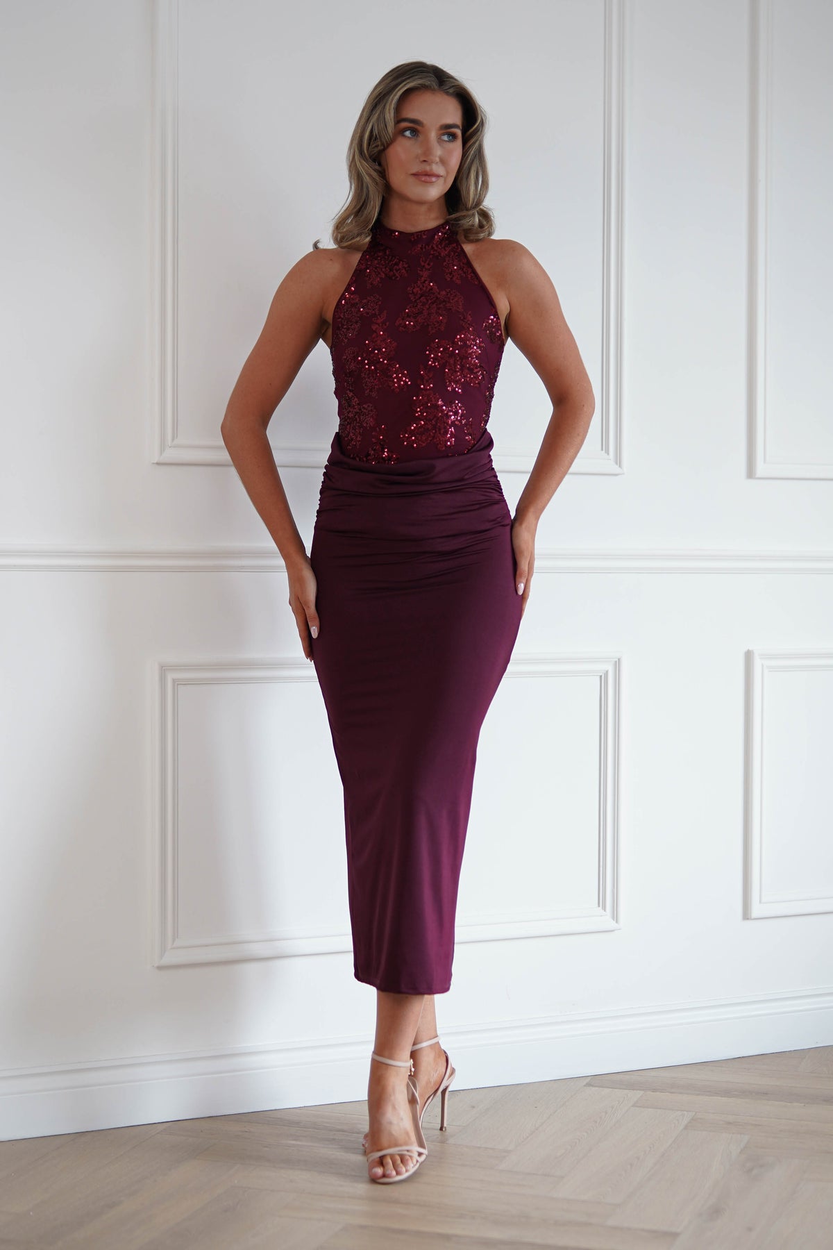 Oh Hello Clothing Women > Clothing > Dresses Seraphina Sequin Halterneck Maxi Dress | Wine