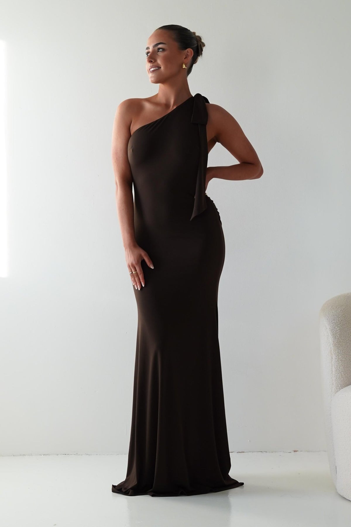 Seraphine Backless Tie Bodycon Maxi Gown | Brown-Oh Hello Clothing