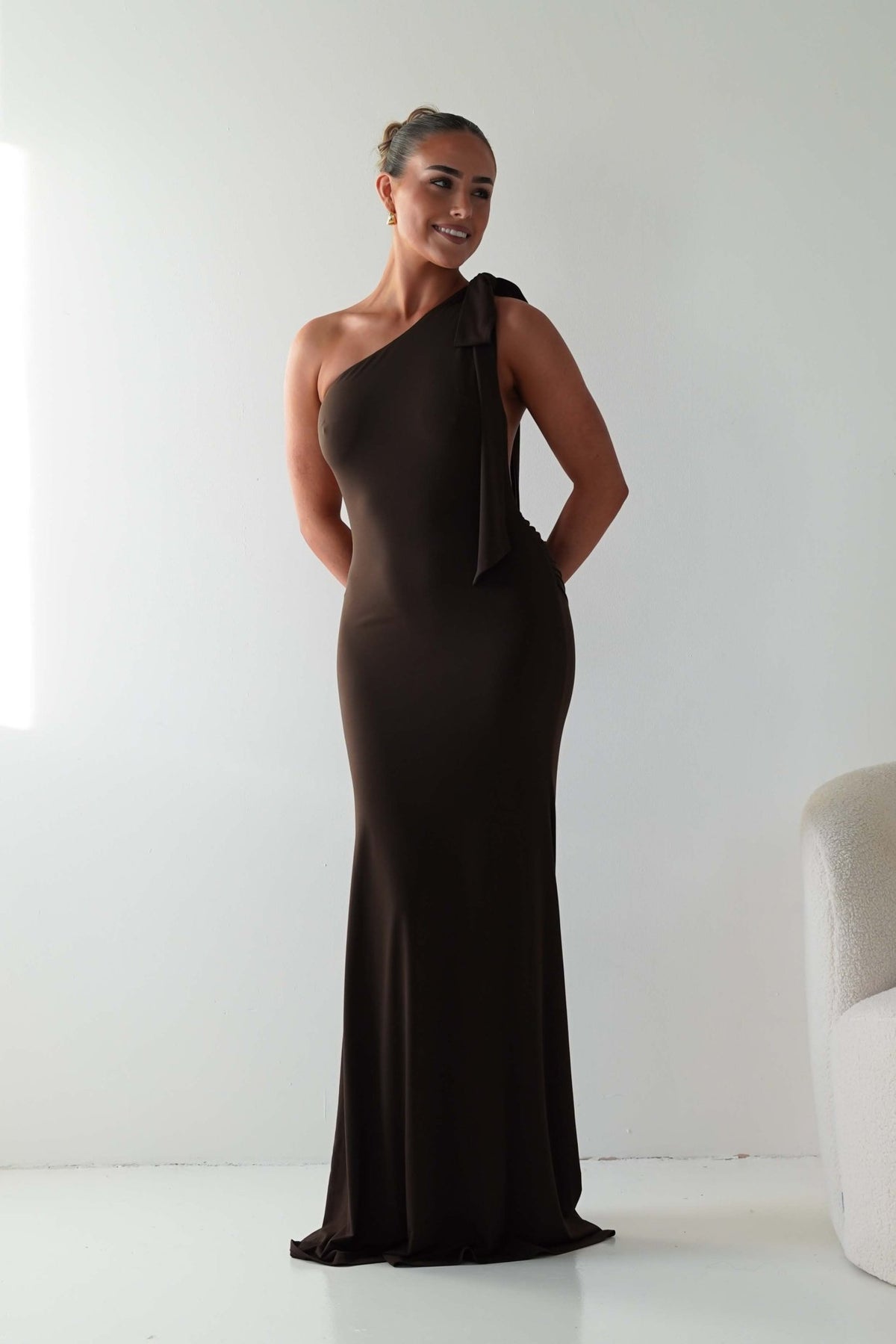 Seraphine Backless Tie Bodycon Maxi Gown | Brown-Oh Hello Clothing