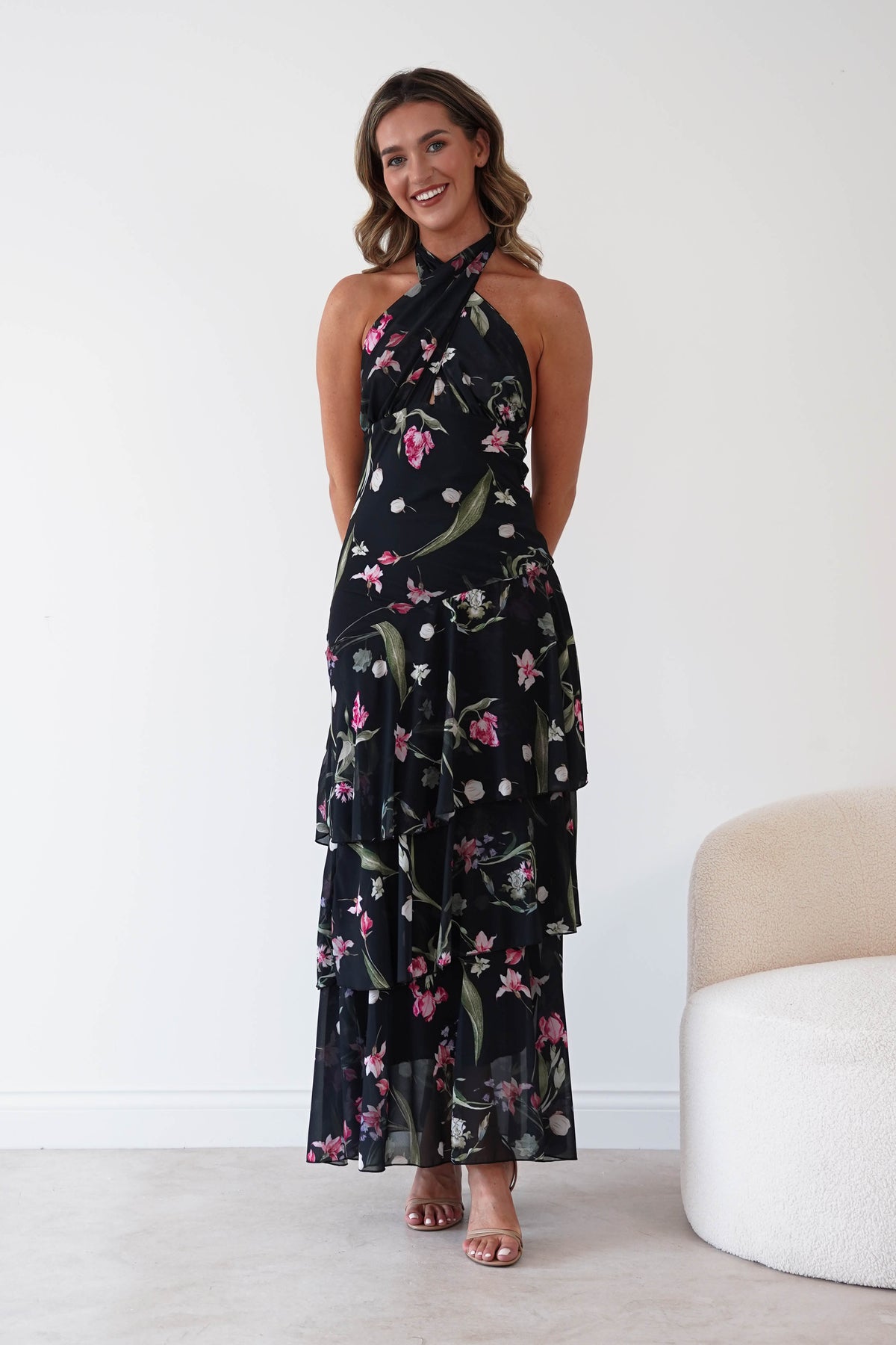 Seren Floral Print Halterneck Maxi Dress | Black-Oh Hello Clothing