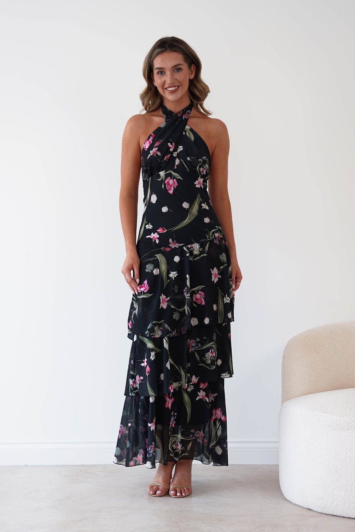 Seren Floral Print Halterneck Maxi Dress | Black-Oh Hello Clothing