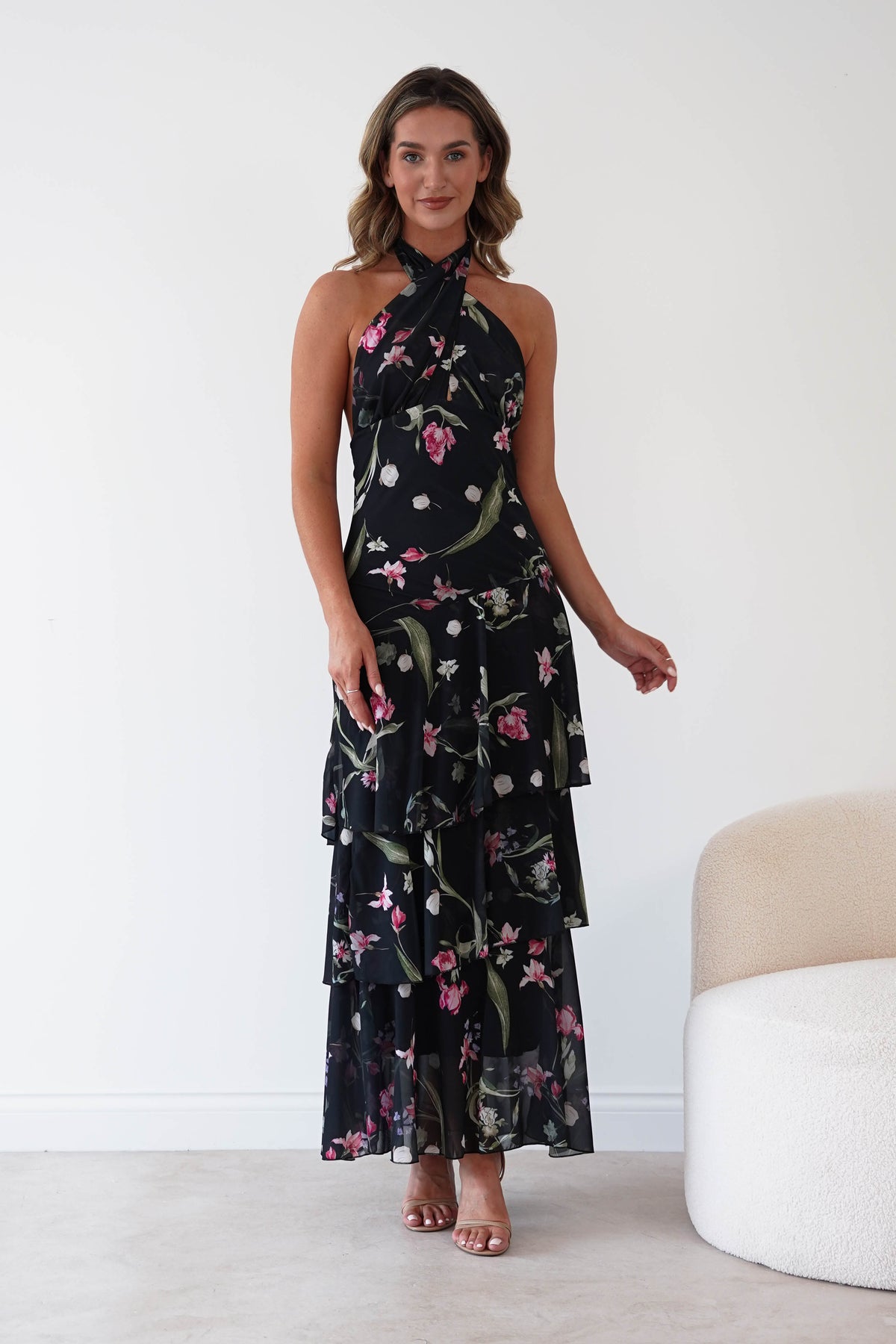 Seren Floral Print Halterneck Maxi Dress | Black-Oh Hello Clothing