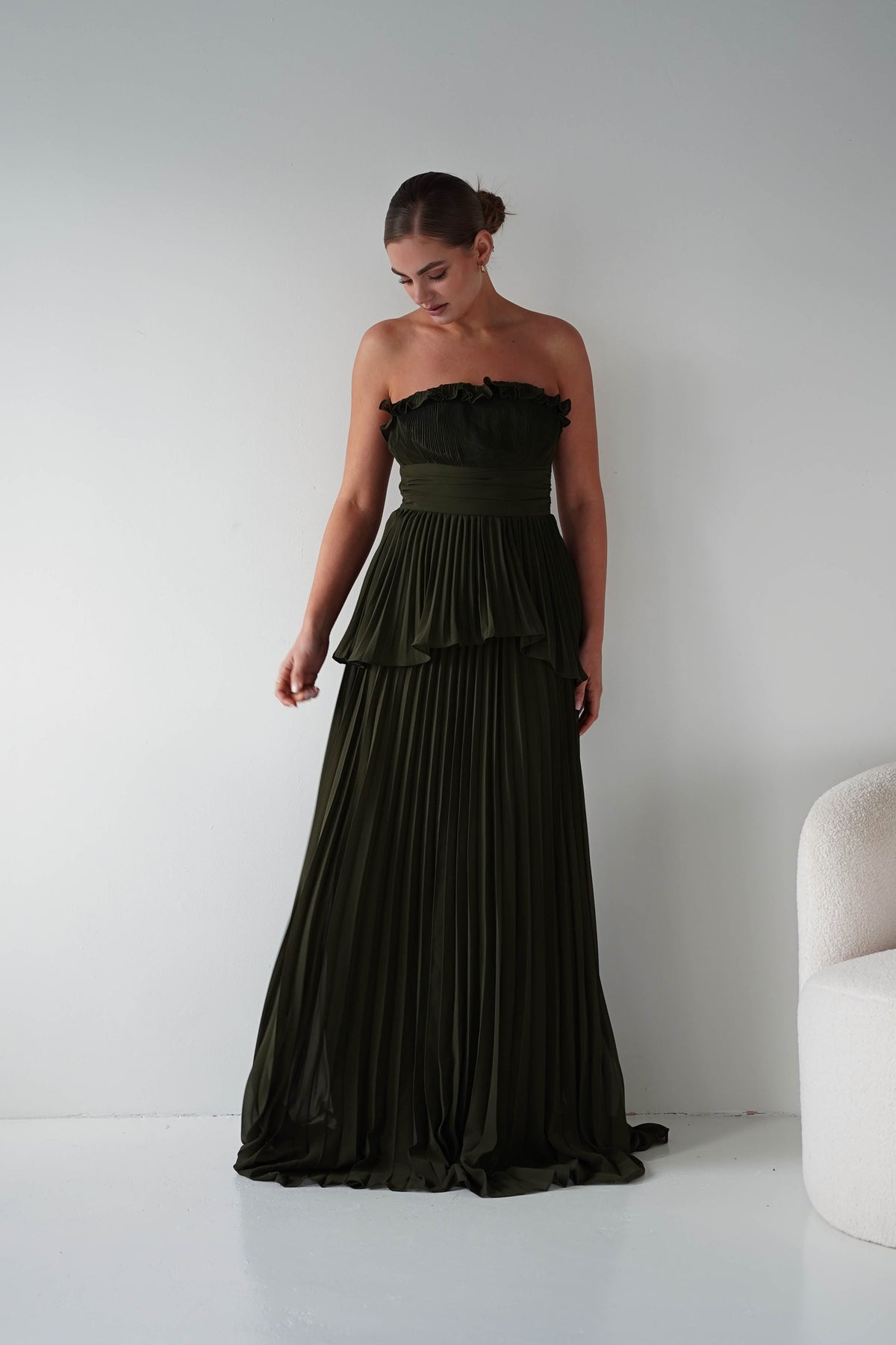 Shania Strapless Pleated Maxi Dress | Olive-Oh Hello Clothing