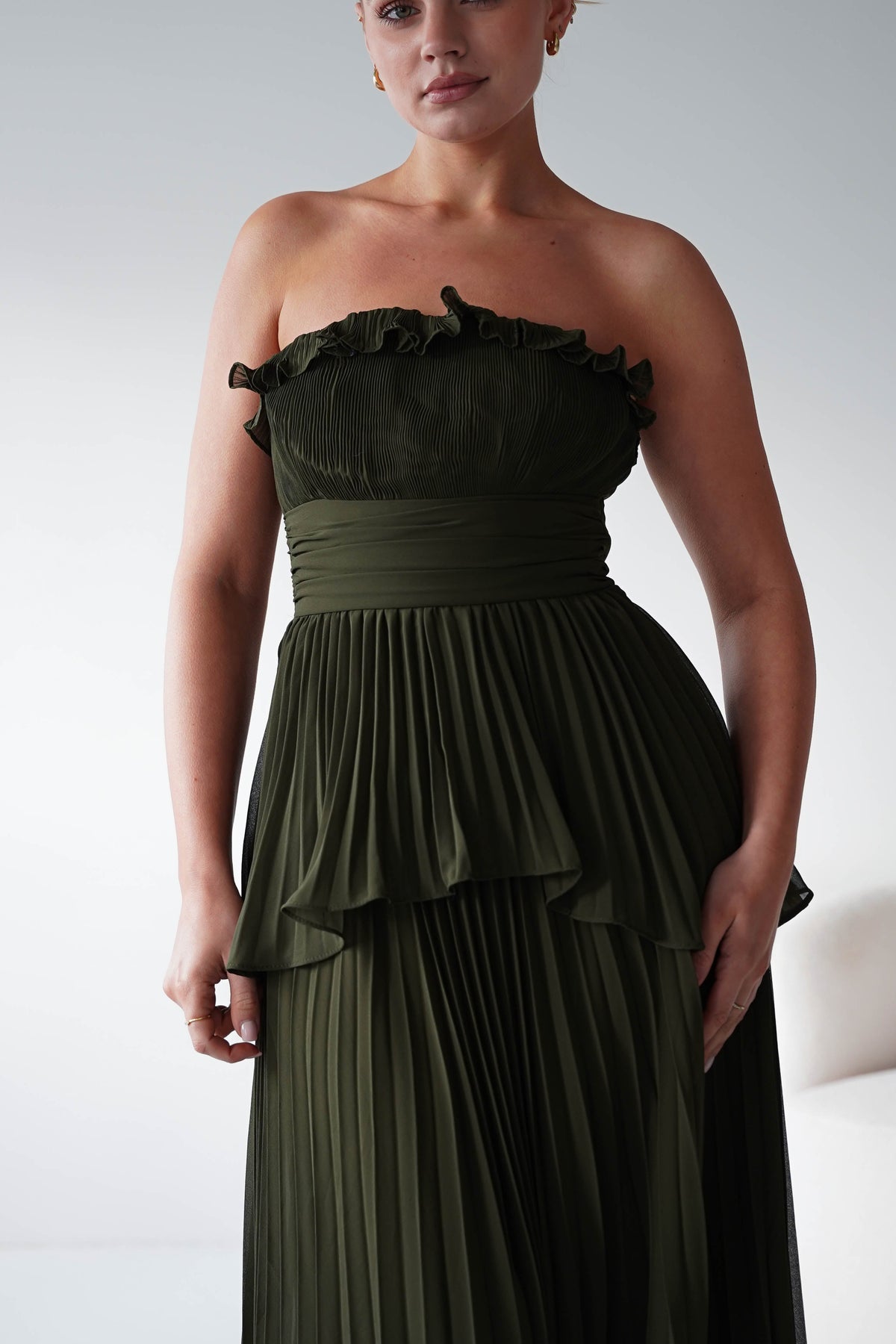 Shania Strapless Pleated Maxi Dress | Olive-Oh Hello Clothing