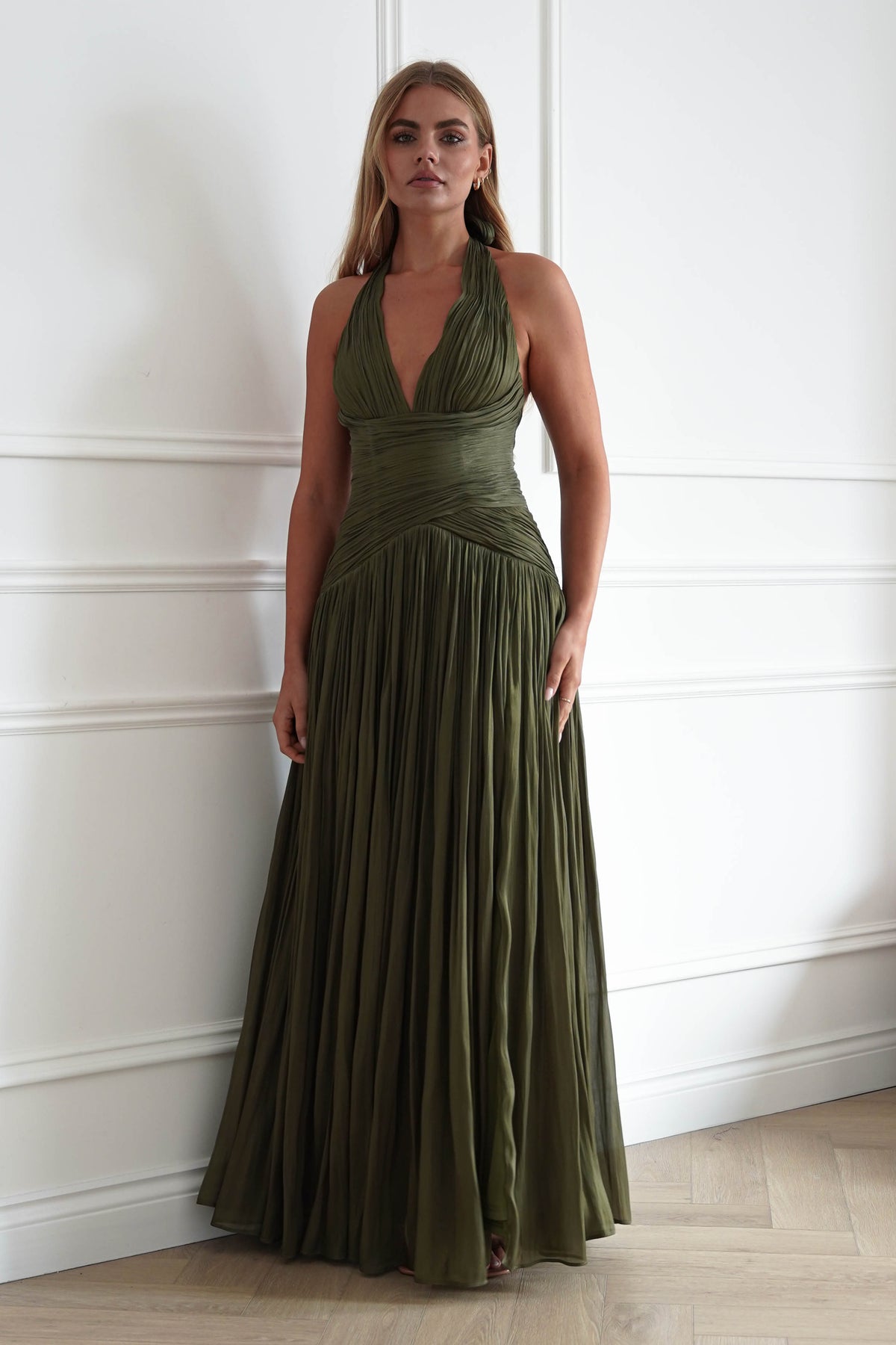 Oh Hello Clothing Dresses > Prom Dresses Sharelle Pleated Luminescent Maxi Gown | Olive