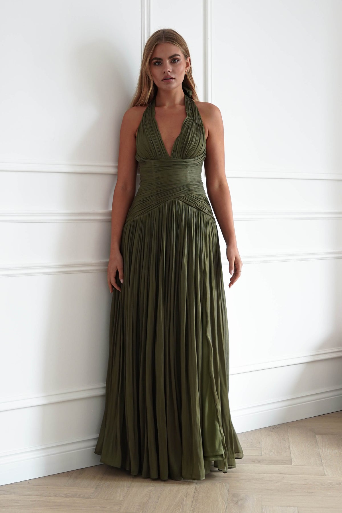 Oh Hello Clothing Dresses > Prom Dresses Sharelle Pleated Luminescent Maxi Gown | Olive