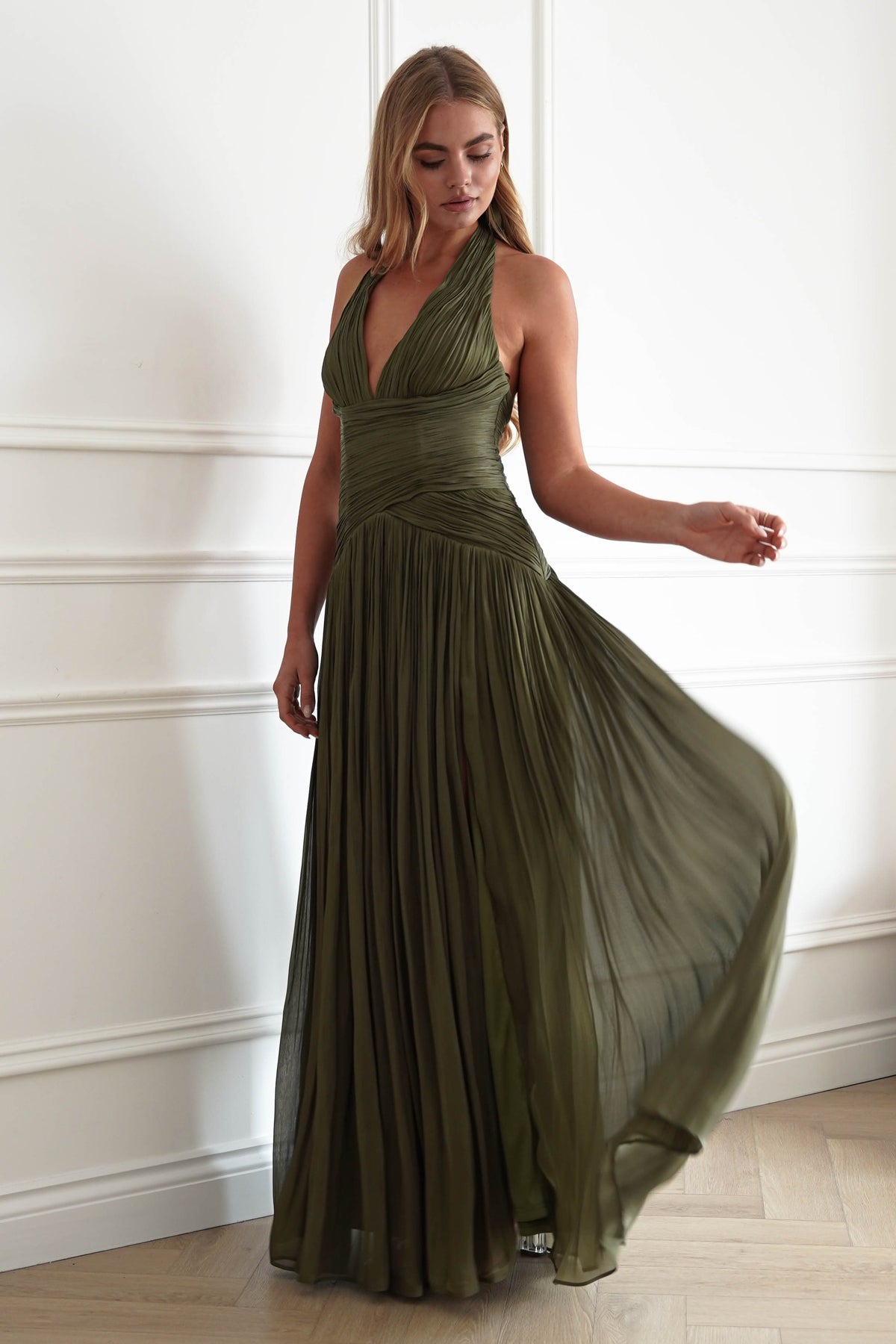 Oh Hello Clothing Dresses > Prom Dresses Sharelle Pleated Luminescent Maxi Gown | Olive