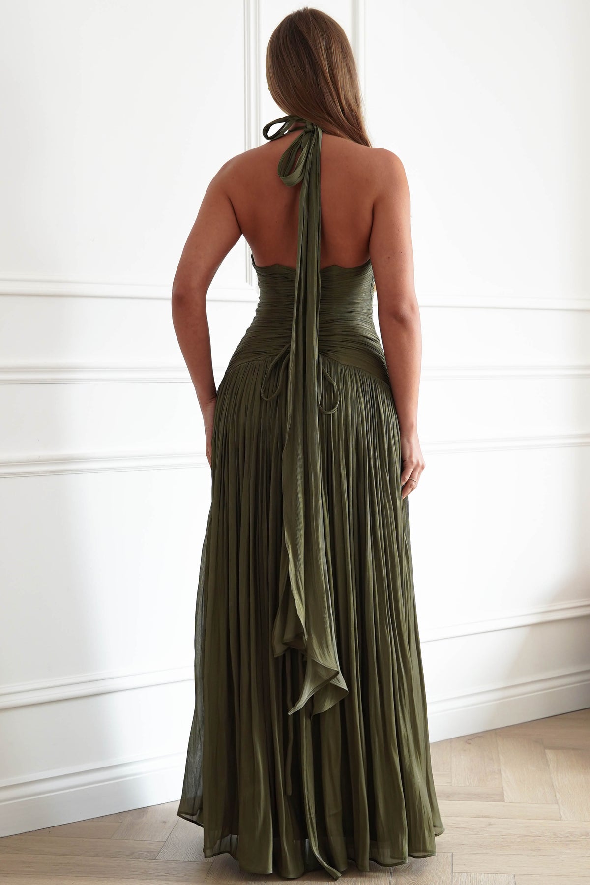 Oh Hello Clothing Dresses > Prom Dresses Sharelle Pleated Luminescent Maxi Gown | Olive