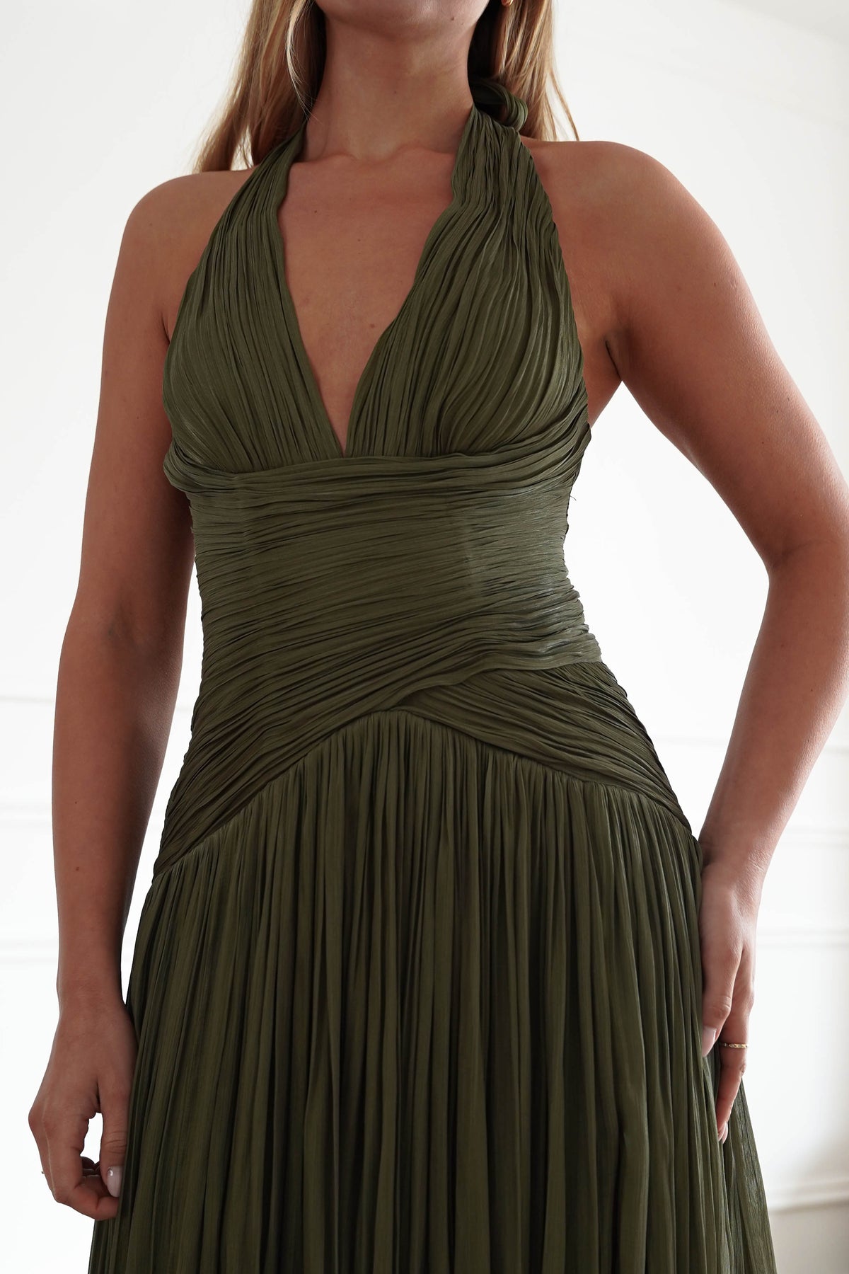 Oh Hello Clothing Dresses > Prom Dresses Sharelle Pleated Luminescent Maxi Gown | Olive