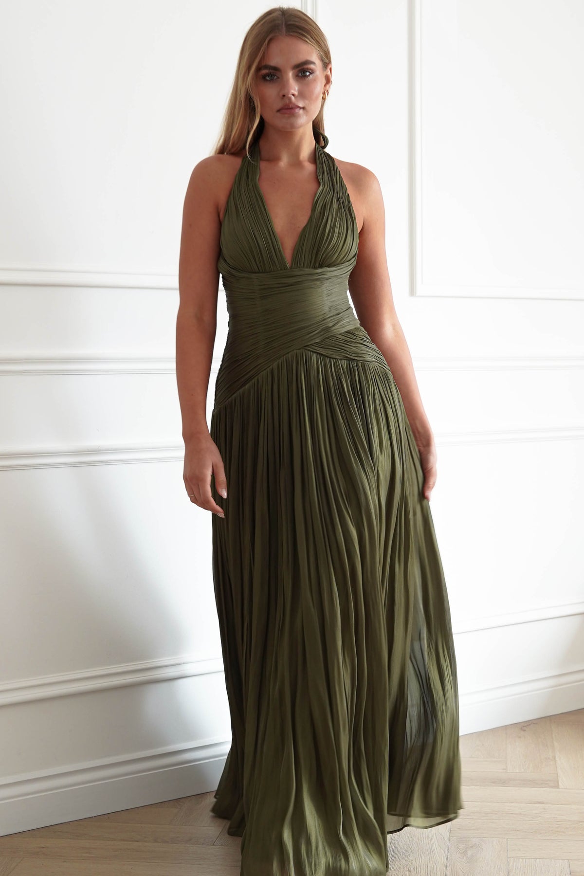 Oh Hello Clothing Dresses > Prom Dresses Sharelle Pleated Luminescent Maxi Gown | Olive