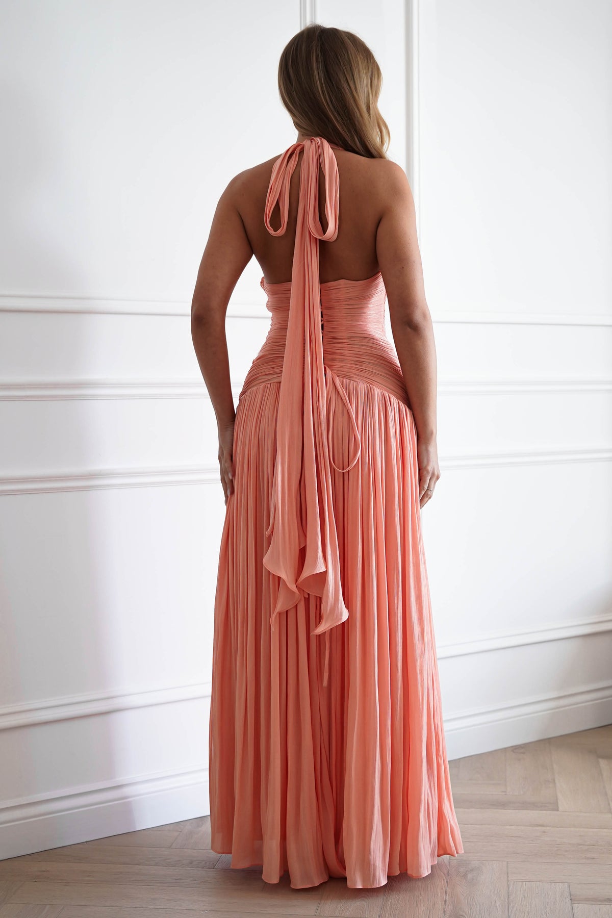 Oh Hello Clothing Dresses > Prom Dresses Sharelle Pleated Luminescent Maxi Gown | Peach