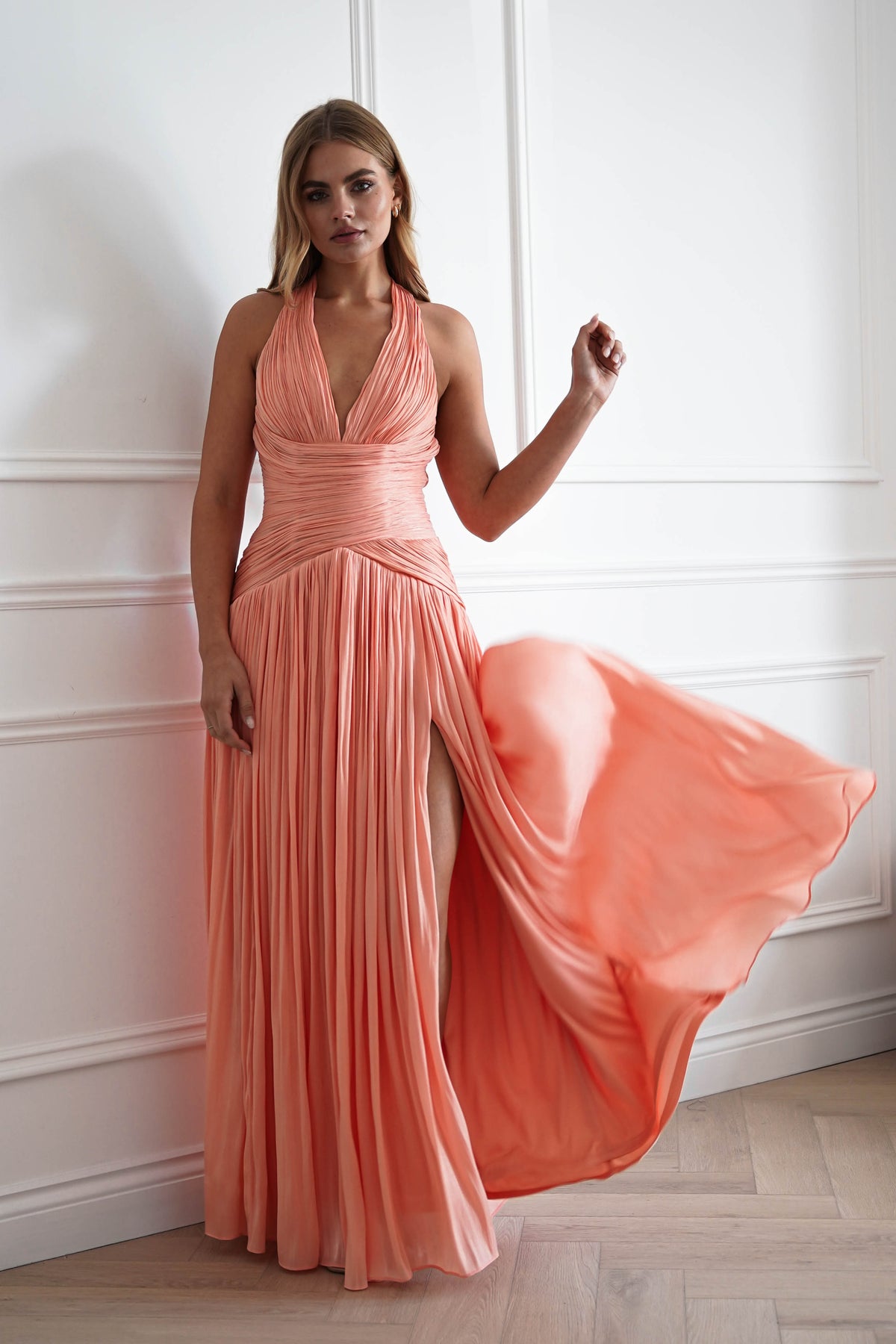 Oh Hello Clothing Dresses > Prom Dresses Sharelle Pleated Luminescent Maxi Gown | Peach