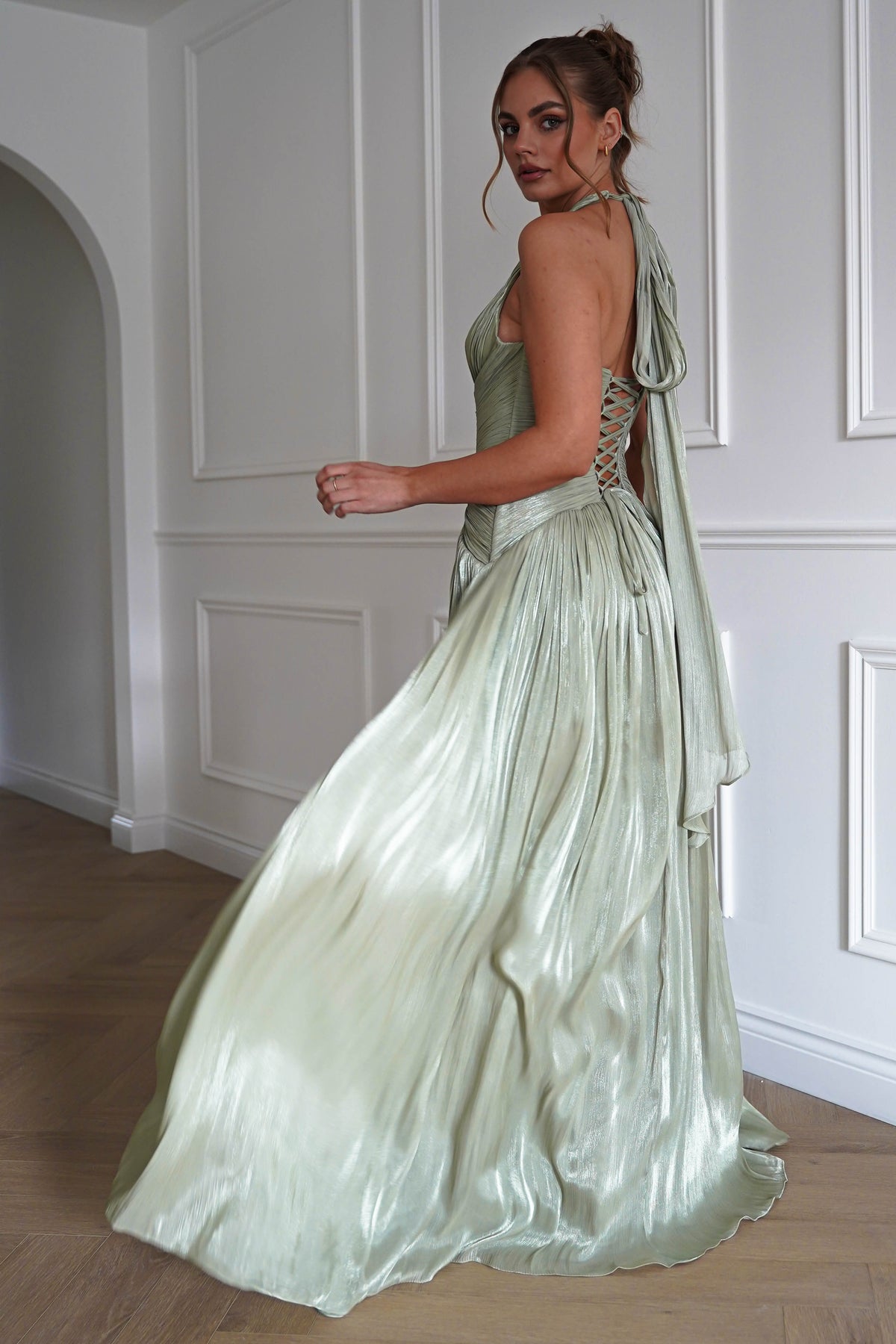 Sharelle Pleated Luminescent Maxi Gown | Sage-Oh Hello Clothing