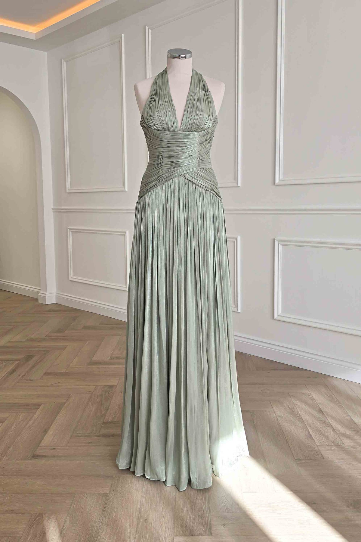 Sharelle Pleated Luminescent Maxi Gown | Sage-Oh Hello Clothing