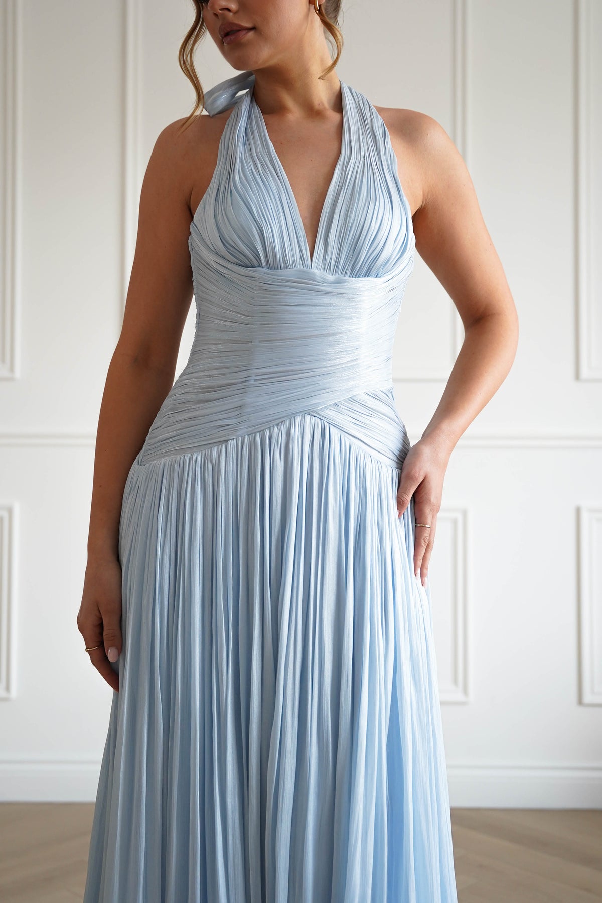 Sharelle Pleated Luminescent Maxi Gown | Sky Blue-Oh Hello Clothing