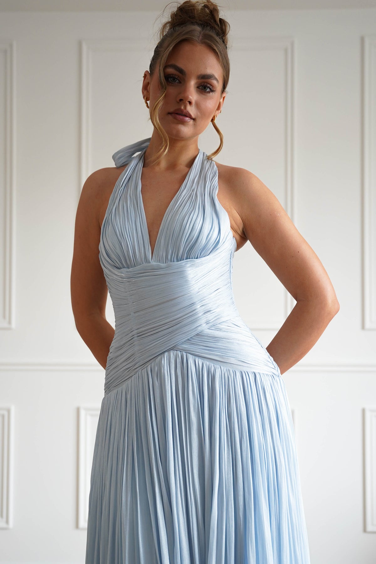 Sharelle Pleated Luminescent Maxi Gown | Sky Blue-Oh Hello Clothing