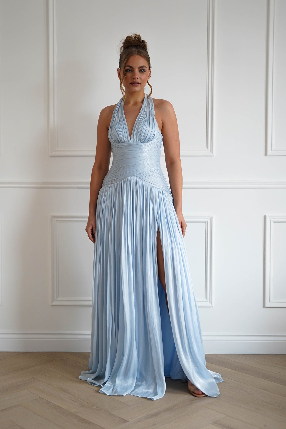 Sharelle Pleated Luminescent Maxi Gown | Sky Blue-Oh Hello Clothing