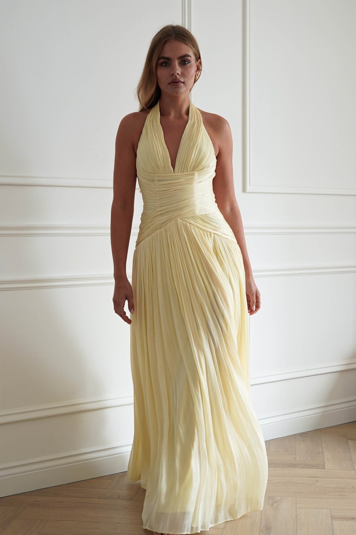Oh Hello Clothing Dresses > Prom Dresses Sharelle Pleated Luminescent Maxi Gown | Yellow