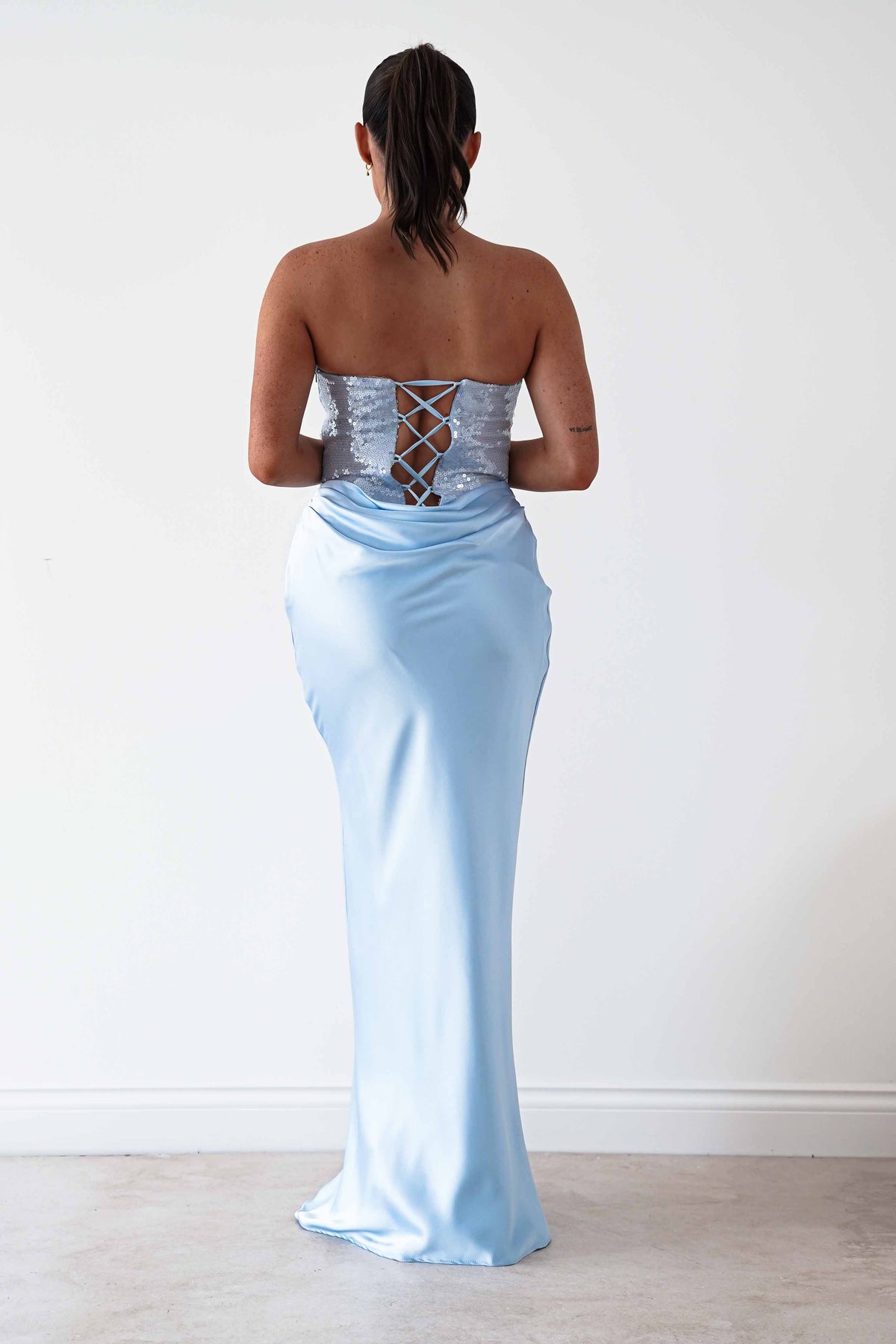 Sienne Strapless Sequin Satin Maxi Dress | Blue-Oh Hello Clothing