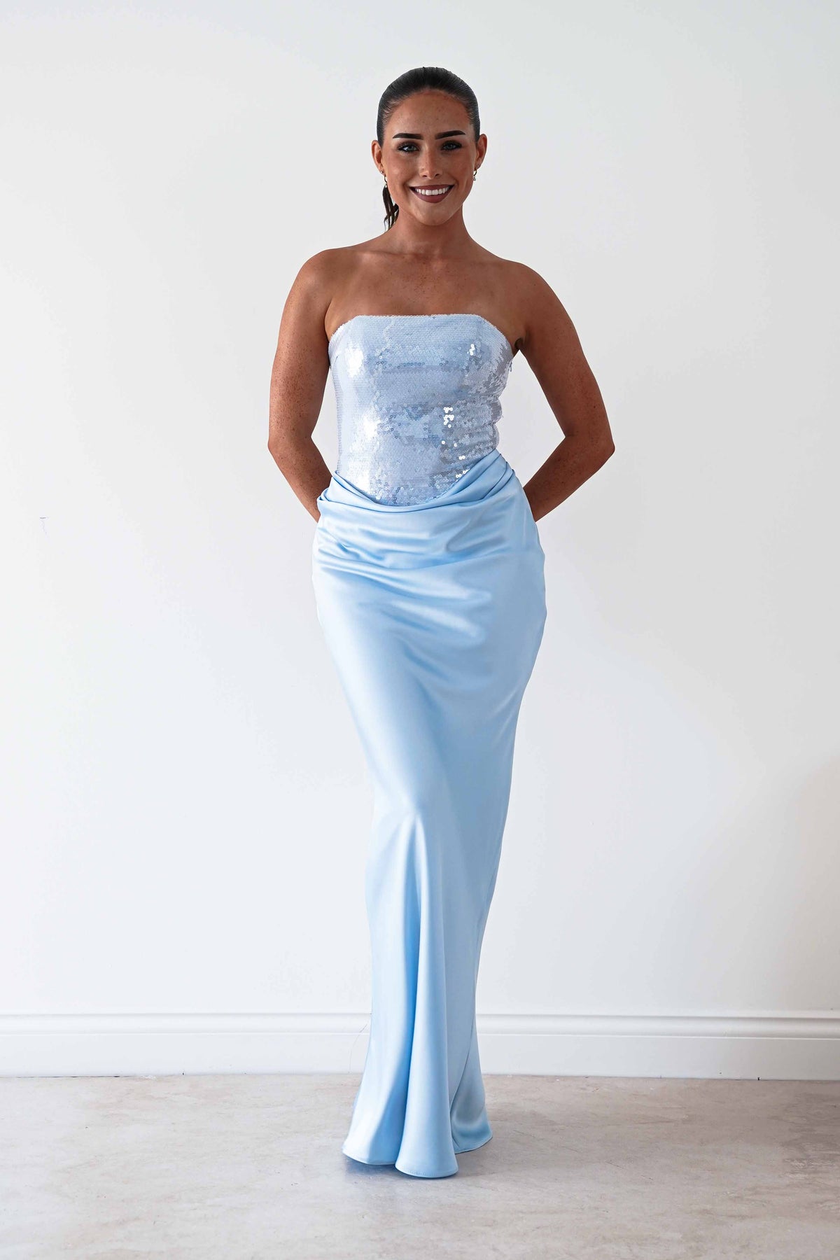 Sienne Strapless Sequin Satin Maxi Dress | Blue-Oh Hello Clothing