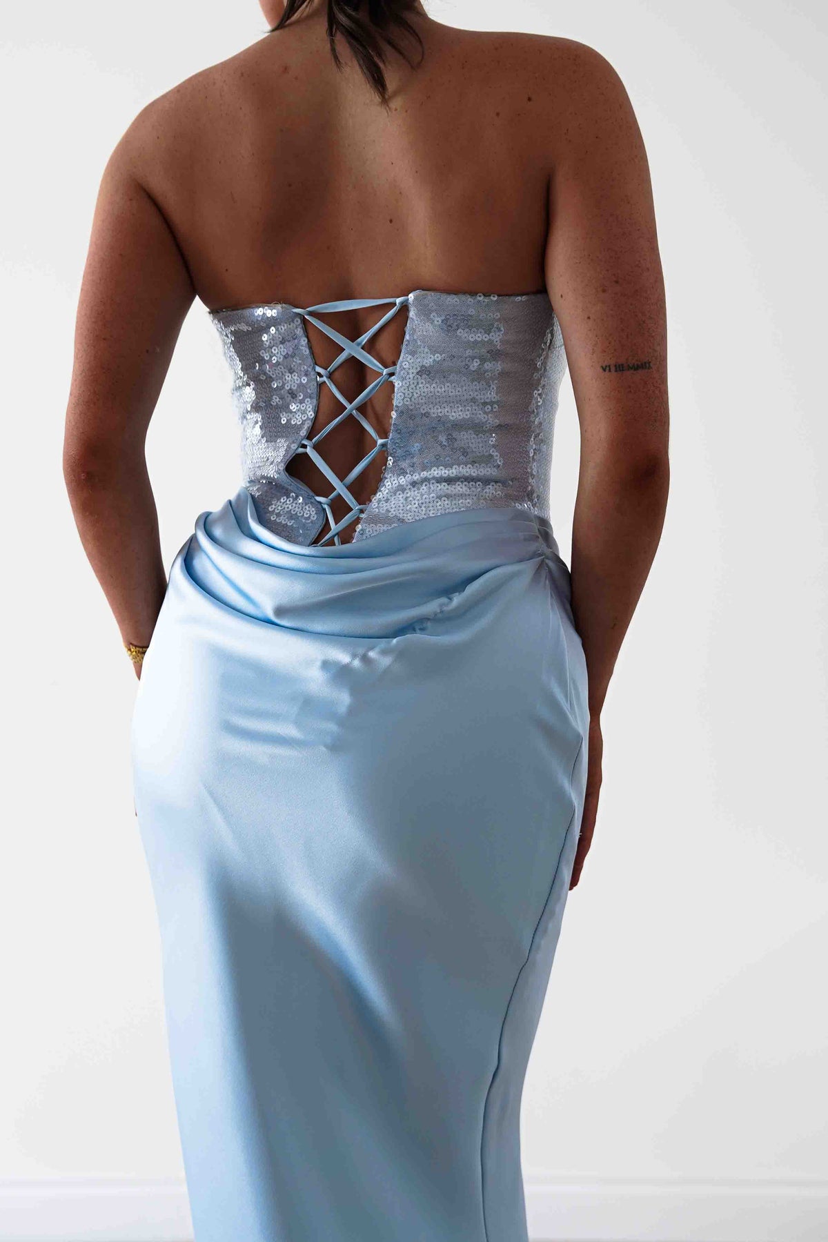 Sienne Strapless Sequin Satin Maxi Dress | Blue-Oh Hello Clothing