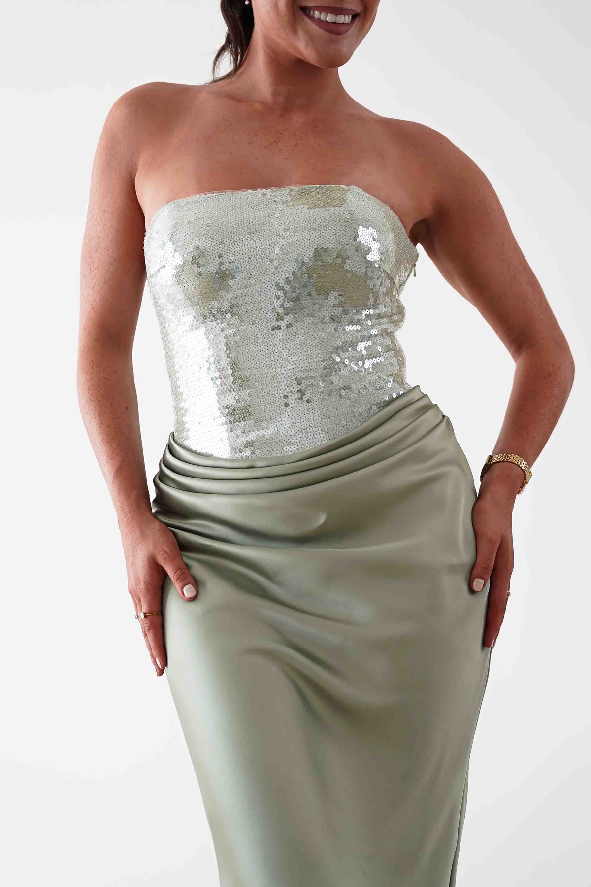 Sienne Strapless Sequin Satin Maxi Dress | Sage-Oh Hello Clothing