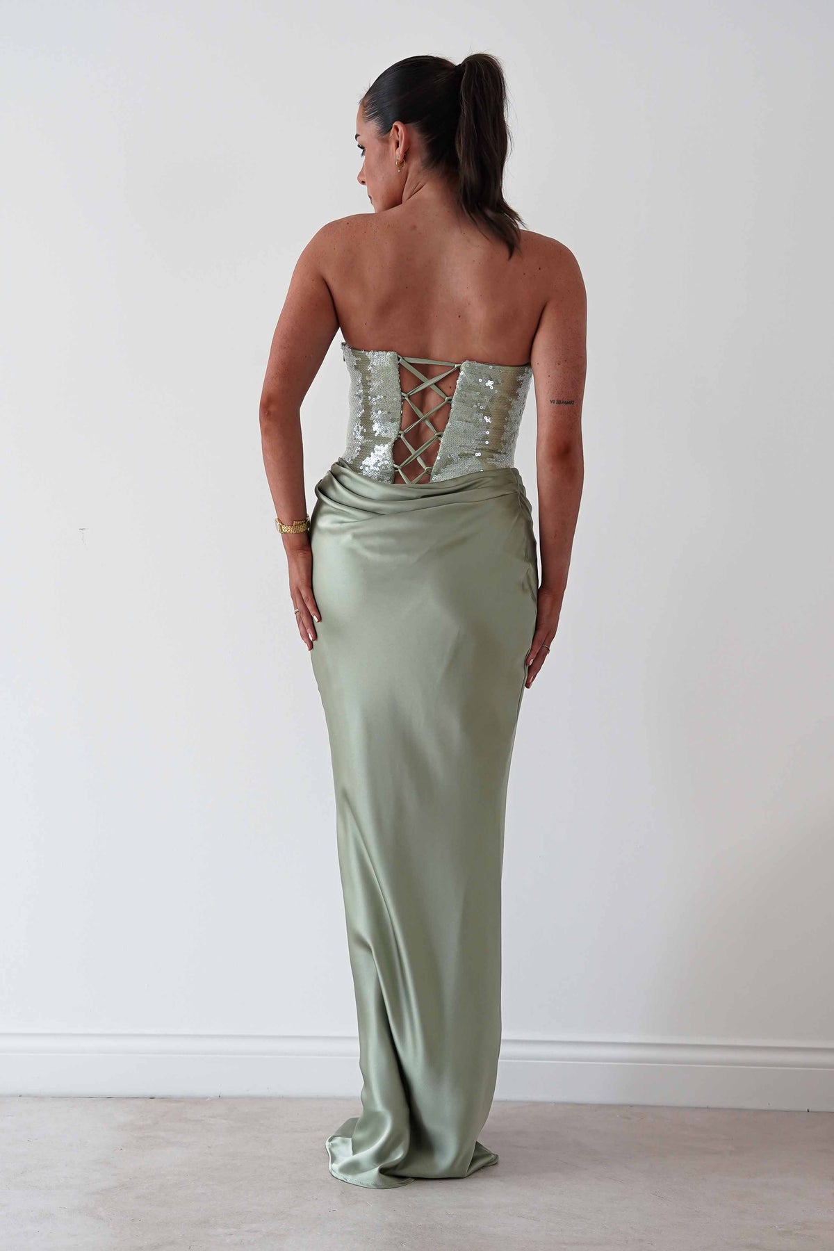 Sienne Strapless Sequin Satin Maxi Dress | Sage-Oh Hello Clothing