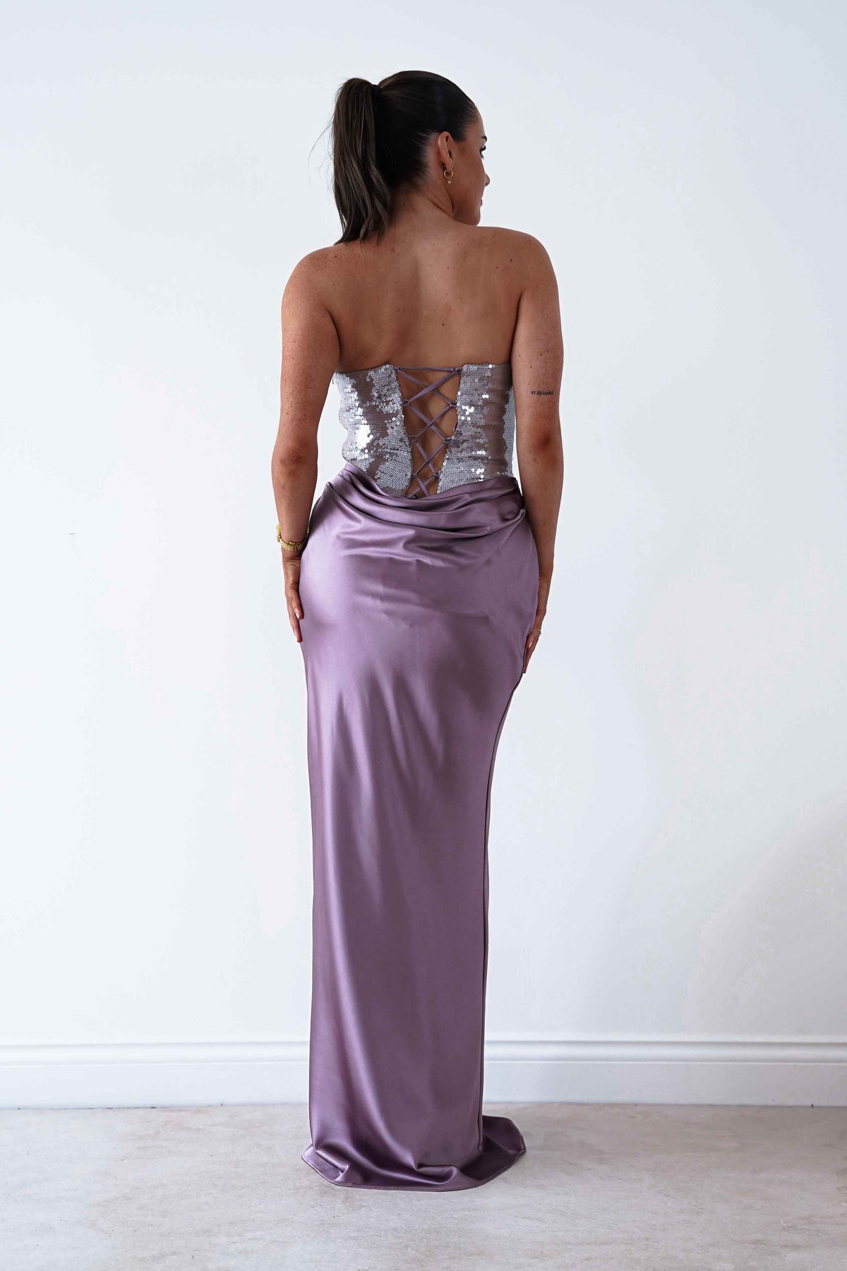 Sienne Strapless Sequin Satin Maxi Dress | Taupe-Oh Hello Clothing