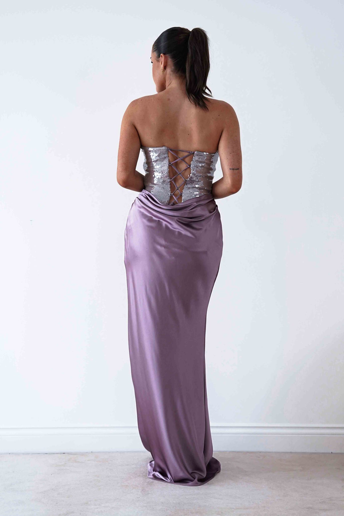 Sienne Strapless Sequin Satin Maxi Dress | Taupe-Oh Hello Clothing