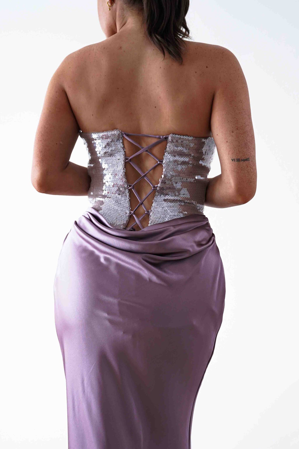 Sienne Strapless Sequin Satin Maxi Dress | Taupe-Oh Hello Clothing