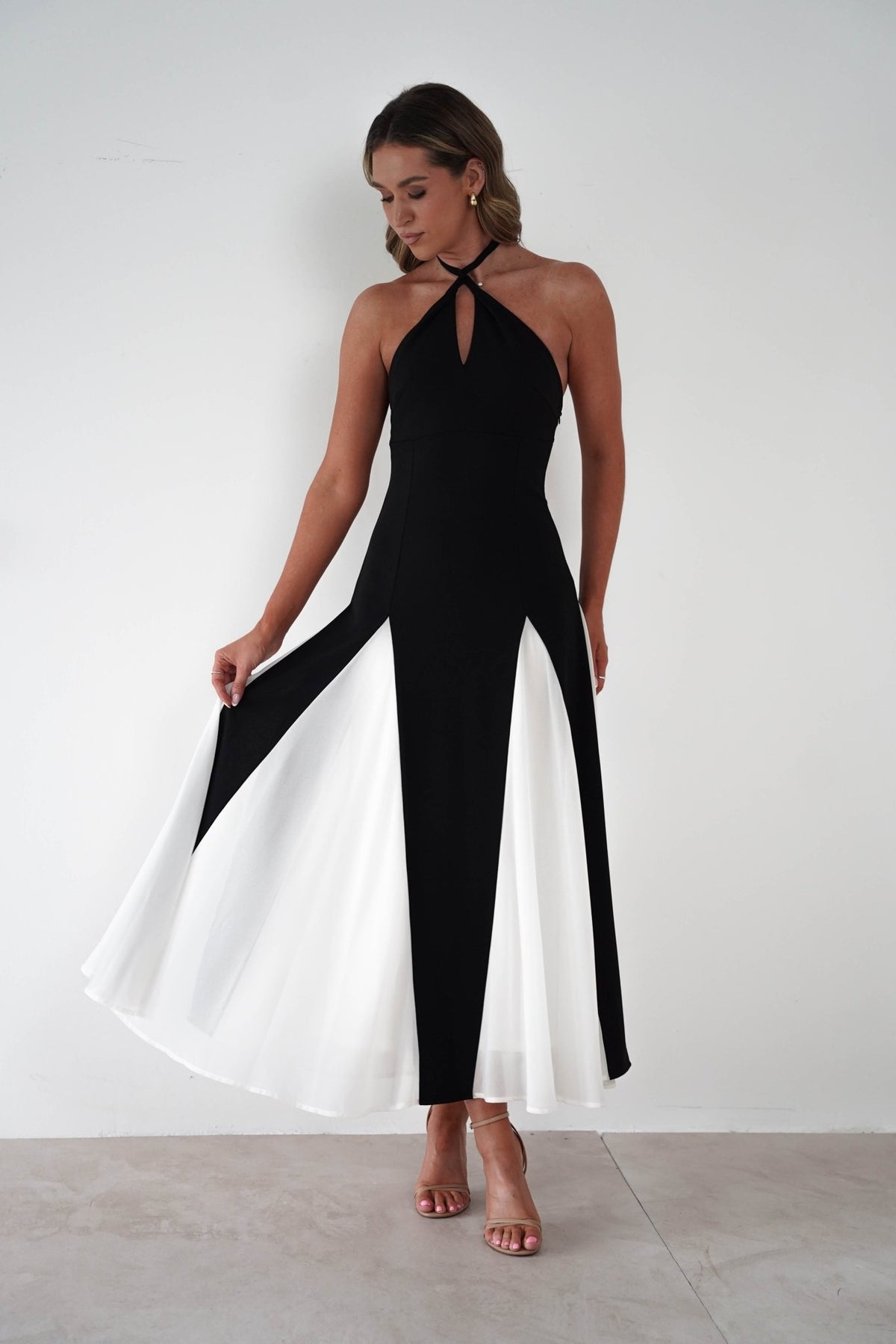 Silvana Halterneck Panel Maxi Dress | Black/White-Oh Hello Clothing