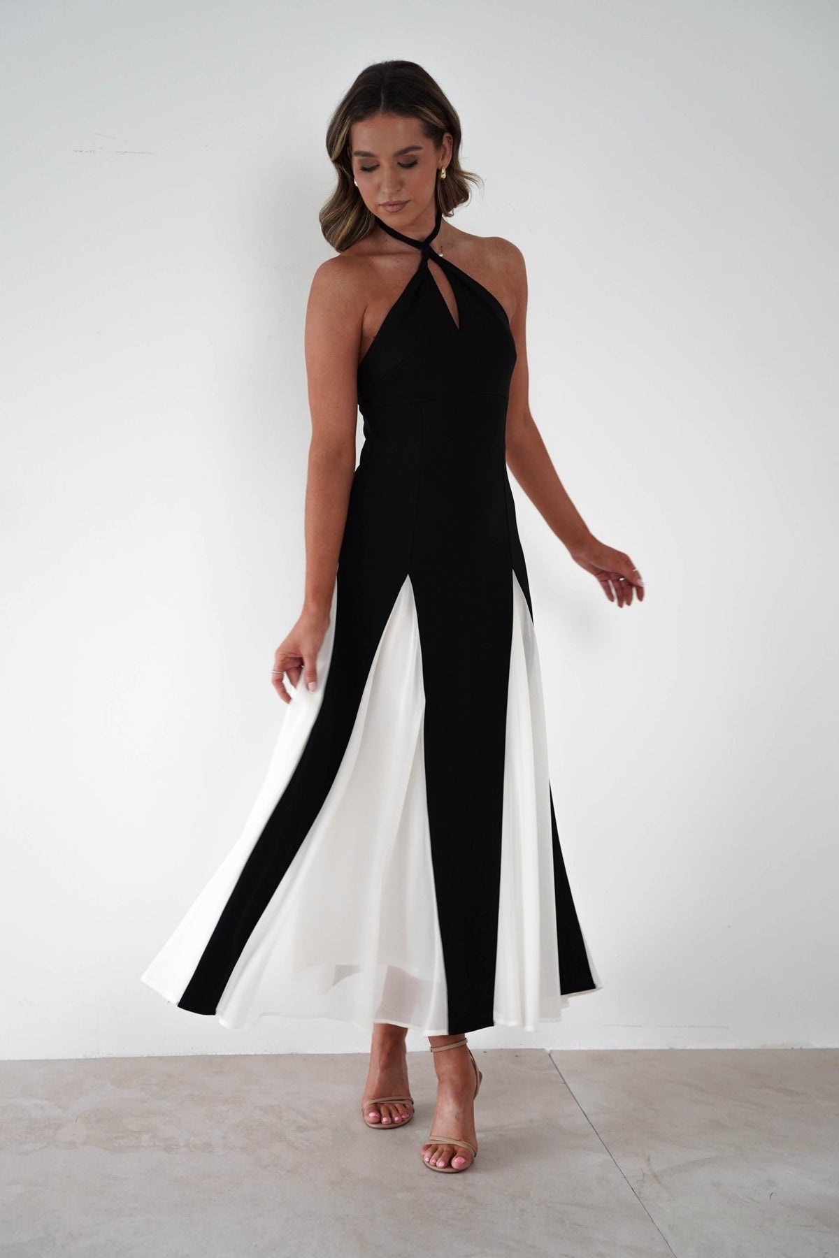 Silvana Halterneck Panel Maxi Dress | Black/White-Oh Hello Clothing