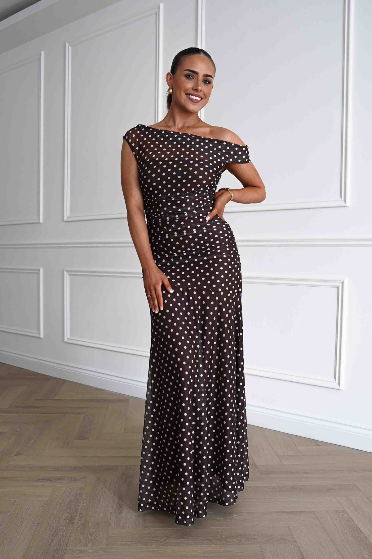 Simone Mesh Polka Dot Maxi Dress | Brown-Oh Hello Clothing
