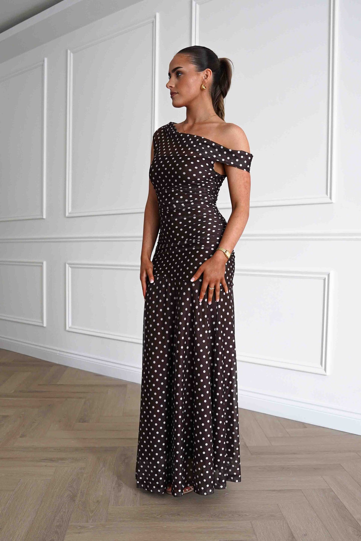 Simone Mesh Polka Dot Maxi Dress | Brown-Oh Hello Clothing
