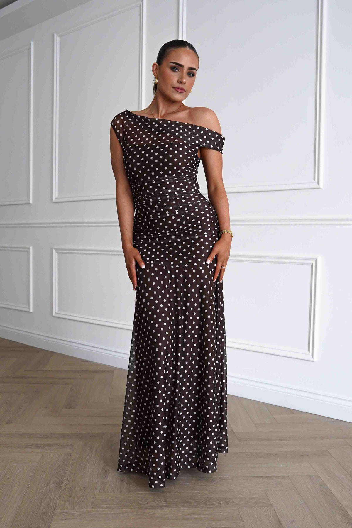 Simone Mesh Polka Dot Maxi Dress | Brown-Oh Hello Clothing
