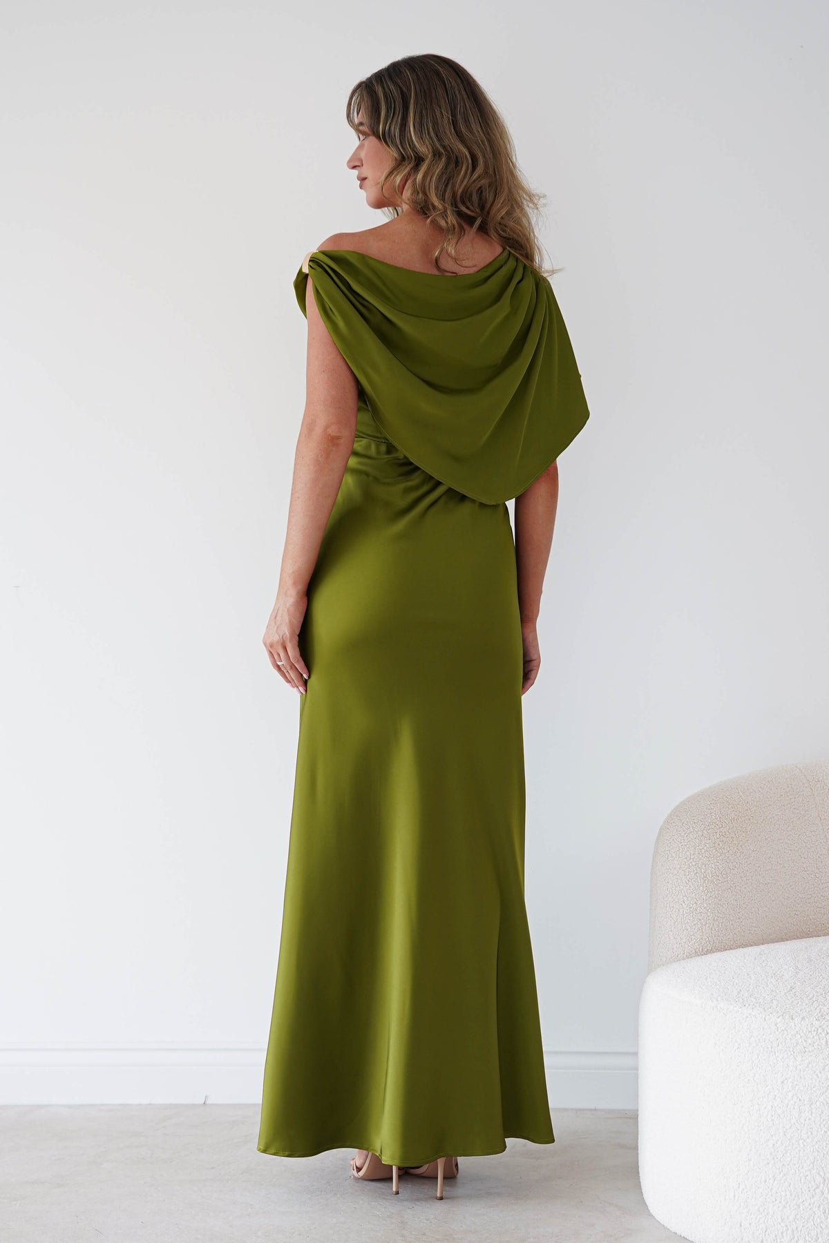 Sinead Satin Draped Maxi Dress | Olive Green-Oh Hello Clothing
