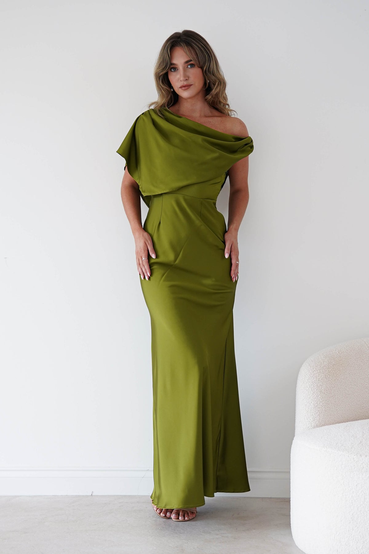 Sinead Satin Draped Maxi Dress | Olive Green-Oh Hello Clothing