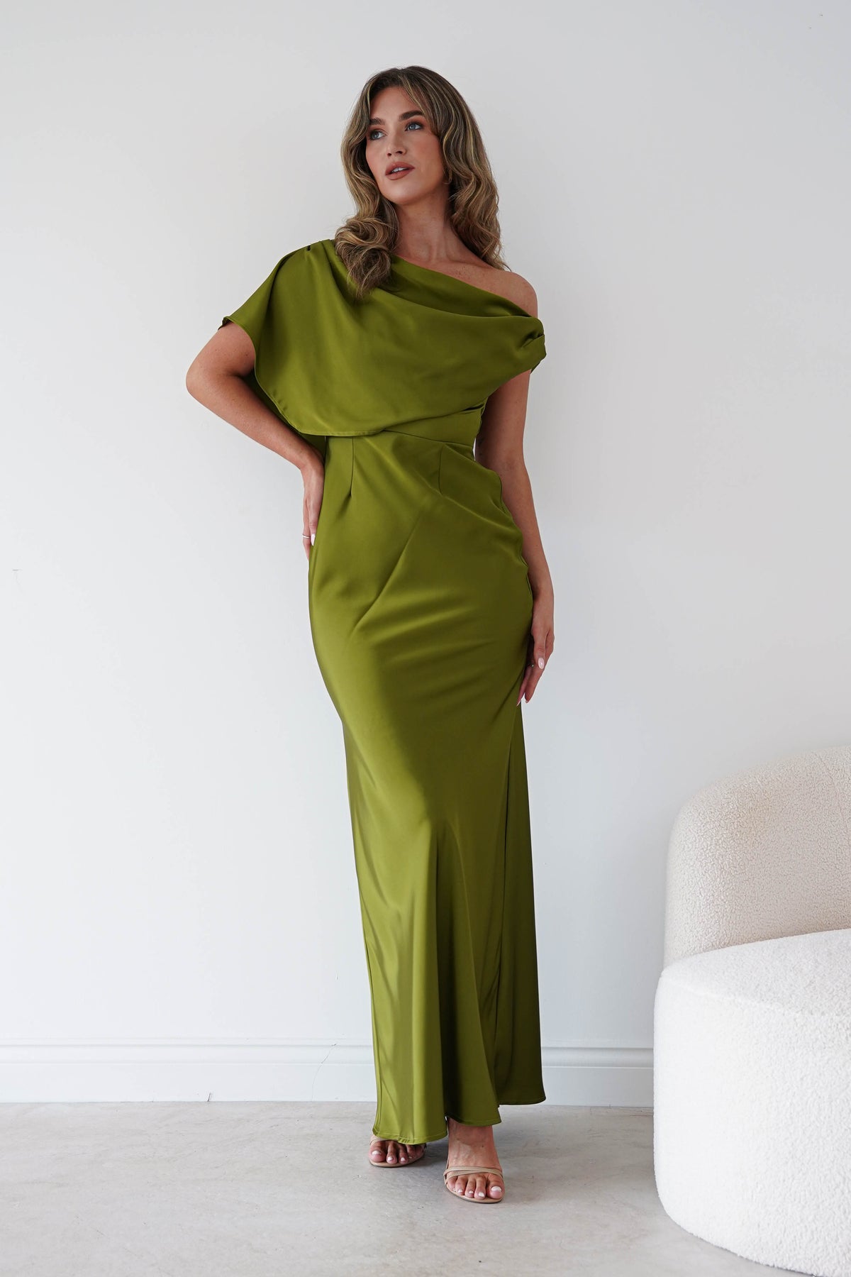 Sinead Satin Draped Maxi Dress | Olive Green-Oh Hello Clothing