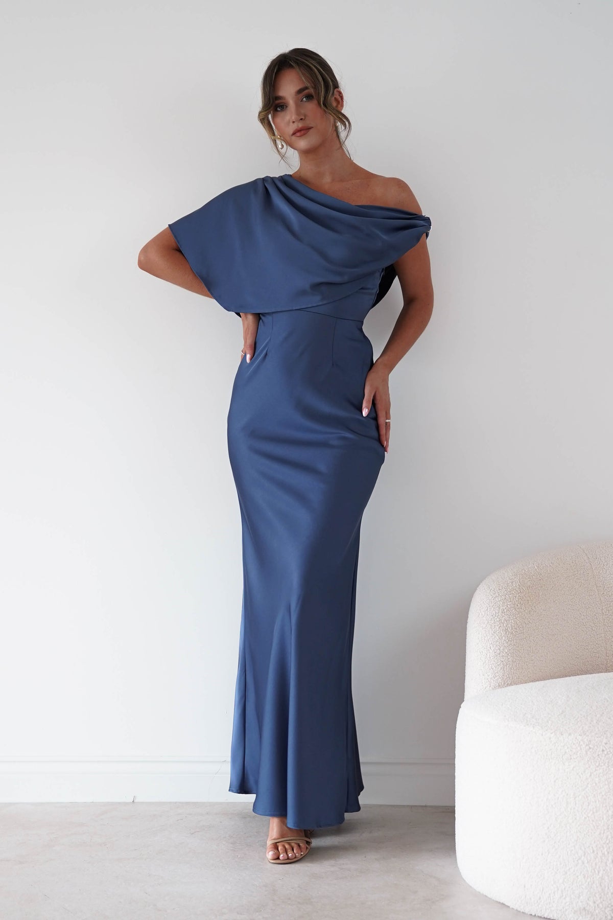 Sinead Satin Draped Maxi Dress | Slate Blue-Oh Hello Clothing
