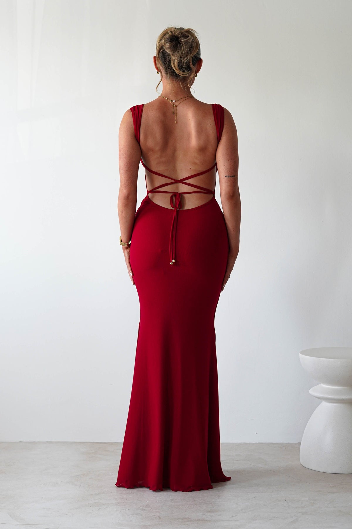 Sky Stretchy Mesh Backless Maxi Dress | Dark Red-Oh Hello Clothing