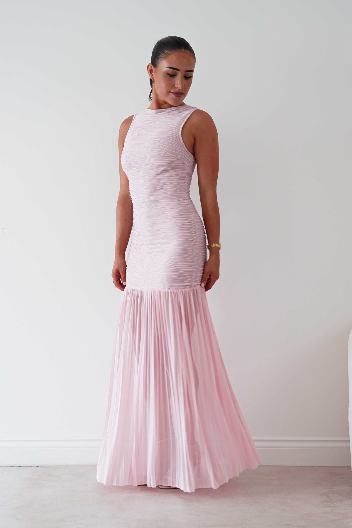 Skye Textured Pleated Hem Midi Dress | Blush Pink-Oh Hello Clothing