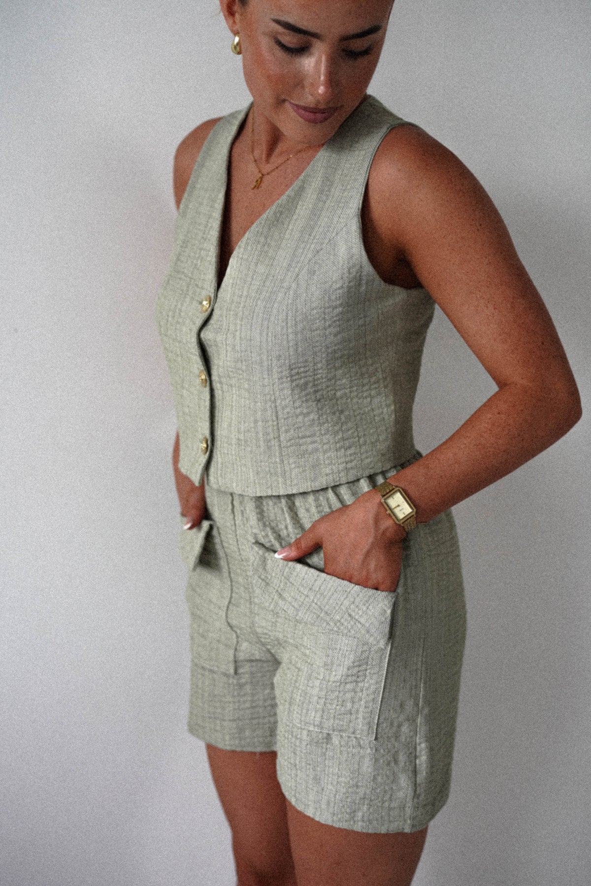 Sonia Waistcoat and Shorts Set | Light Green-Oh Hello Clothing