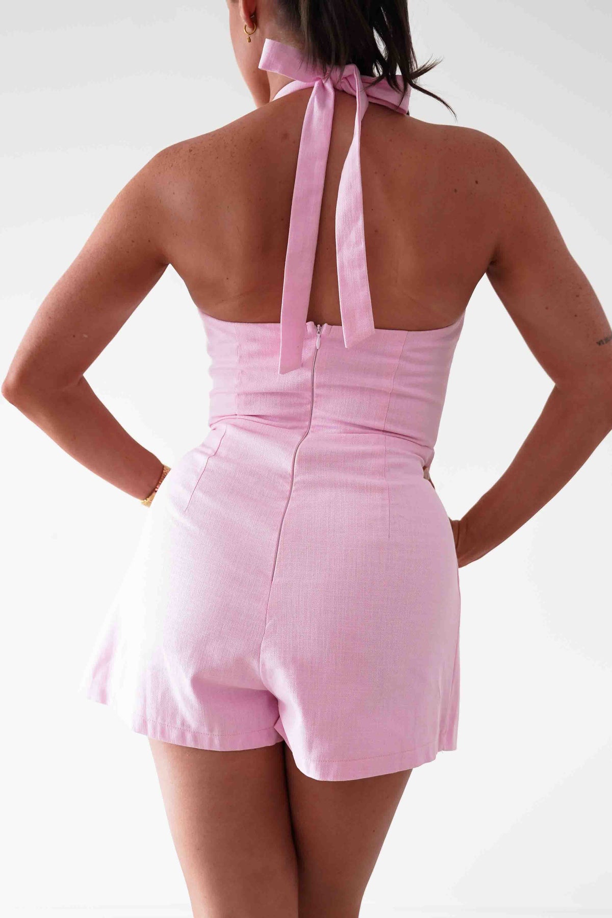 Stacie Linen Blend Tie Strap Playsuit | Pink-Oh Hello Clothing