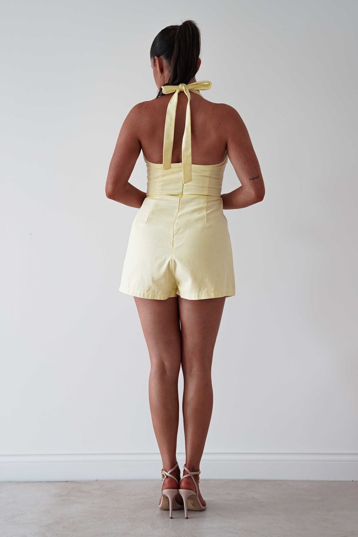 Stacie Linen Blend Tie Strap Playsuit | Yellow-Oh Hello Clothing