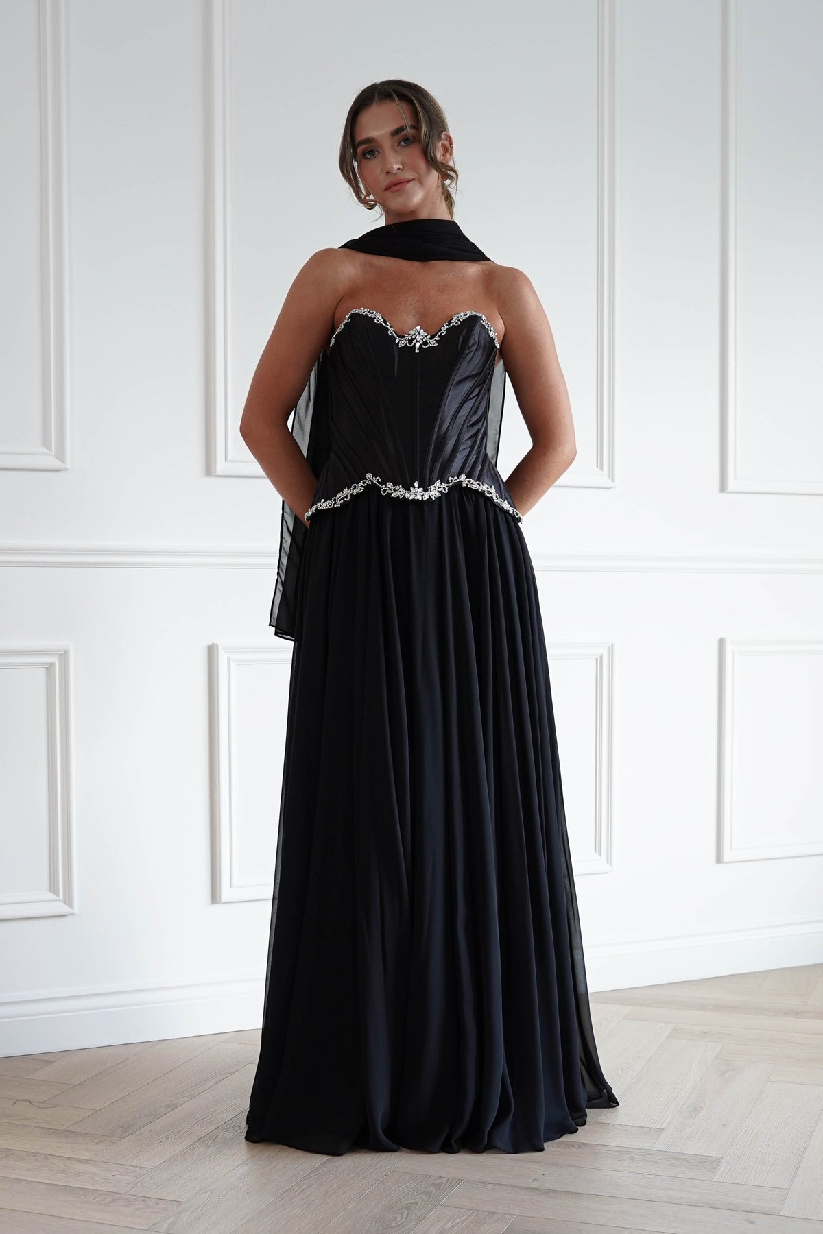 Stella Diamante Chiffon Maxi Gown in Black
